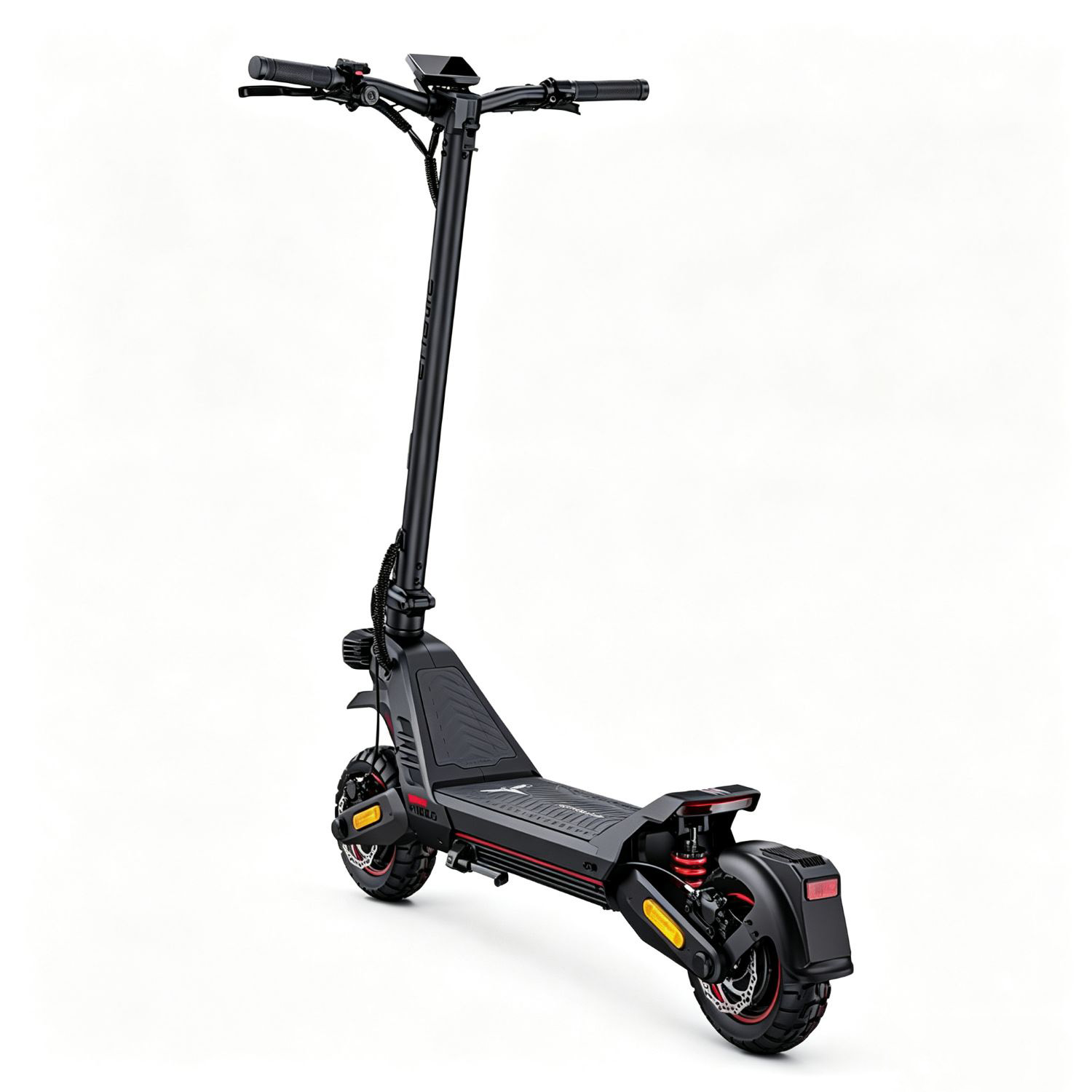 Un patinete eléctrico negro con plataforma ancha, manillar y dos ruedas sobre fondo blanco.