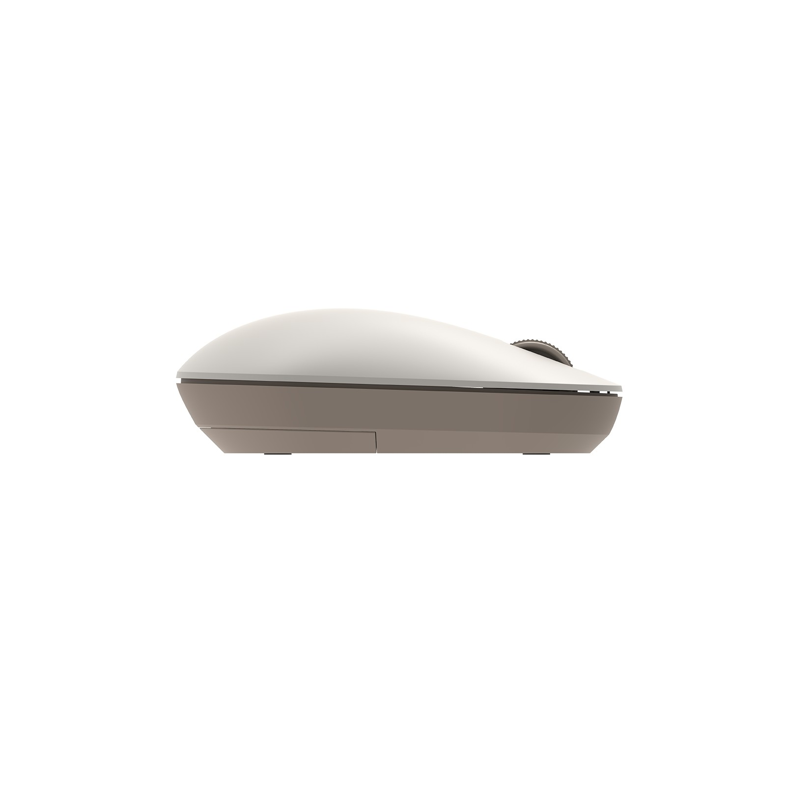 Une souris d'ordinateur sans fil blanche et marron de profil sur fond blanc.