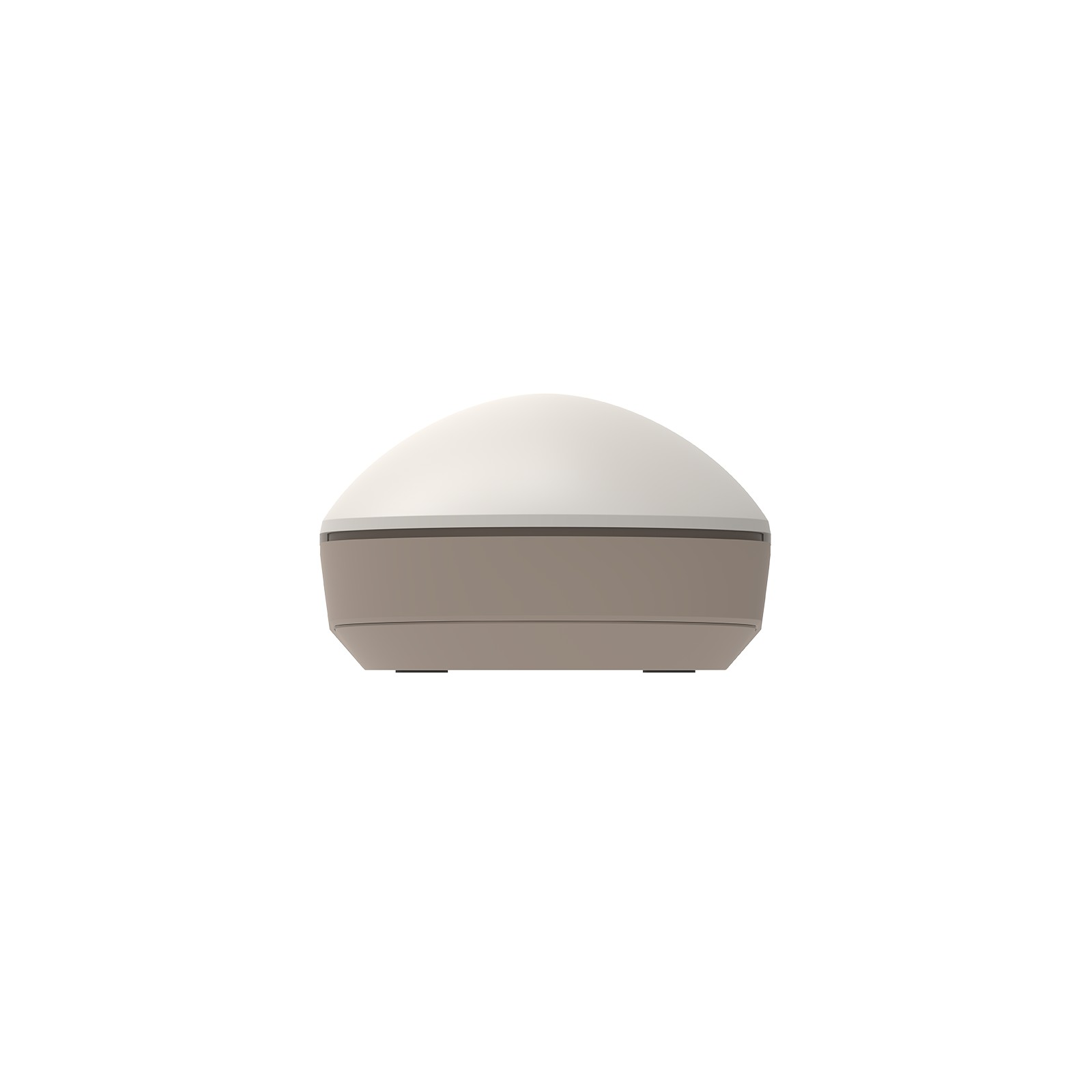 Un appareil électronique rond et bicolore avec un sommet blanc et une base grise sur fond blanc.