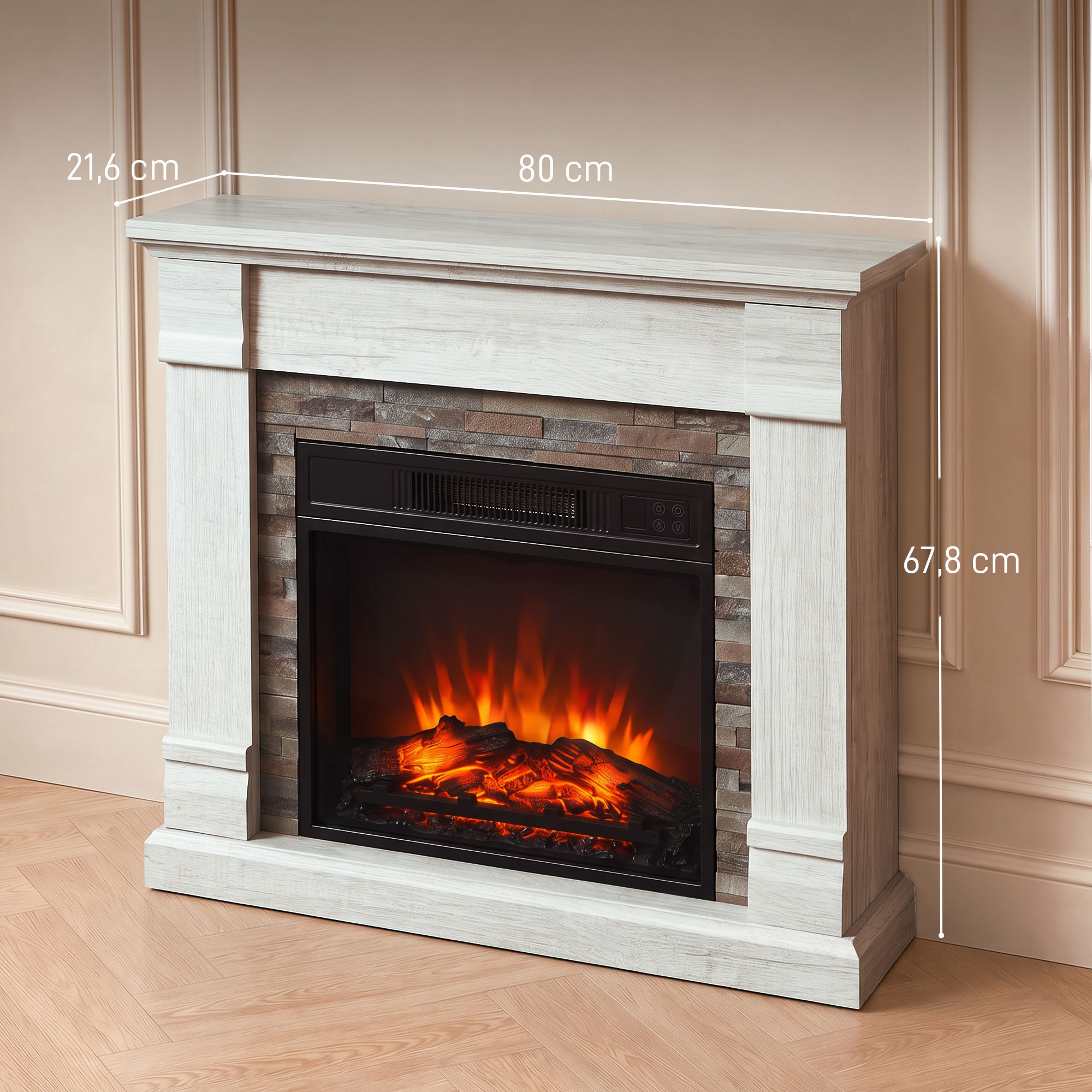 Una chimenea eléctrica blanca con detalle de piedra muestra dimensiones de 80 cm de ancho, 67,8 cm de alto y 21,6 cm de profundidad.