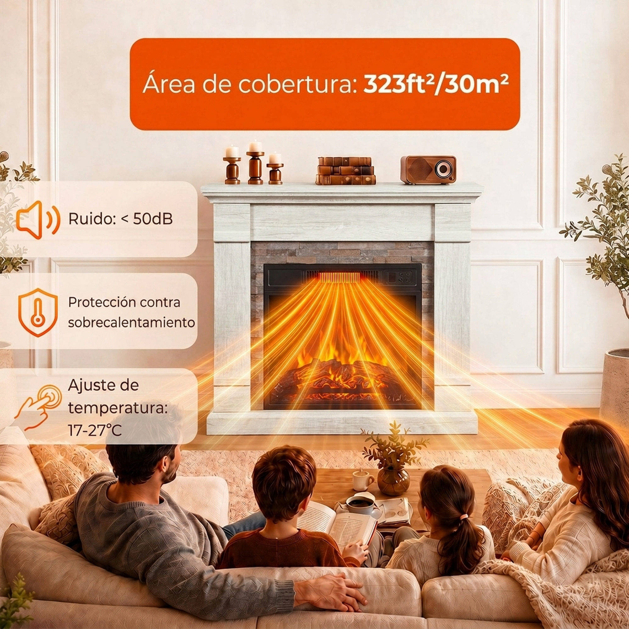 Una familia se sienta en un sofá ante una chimenea eléctrica, rodeada de detalles del producto.
