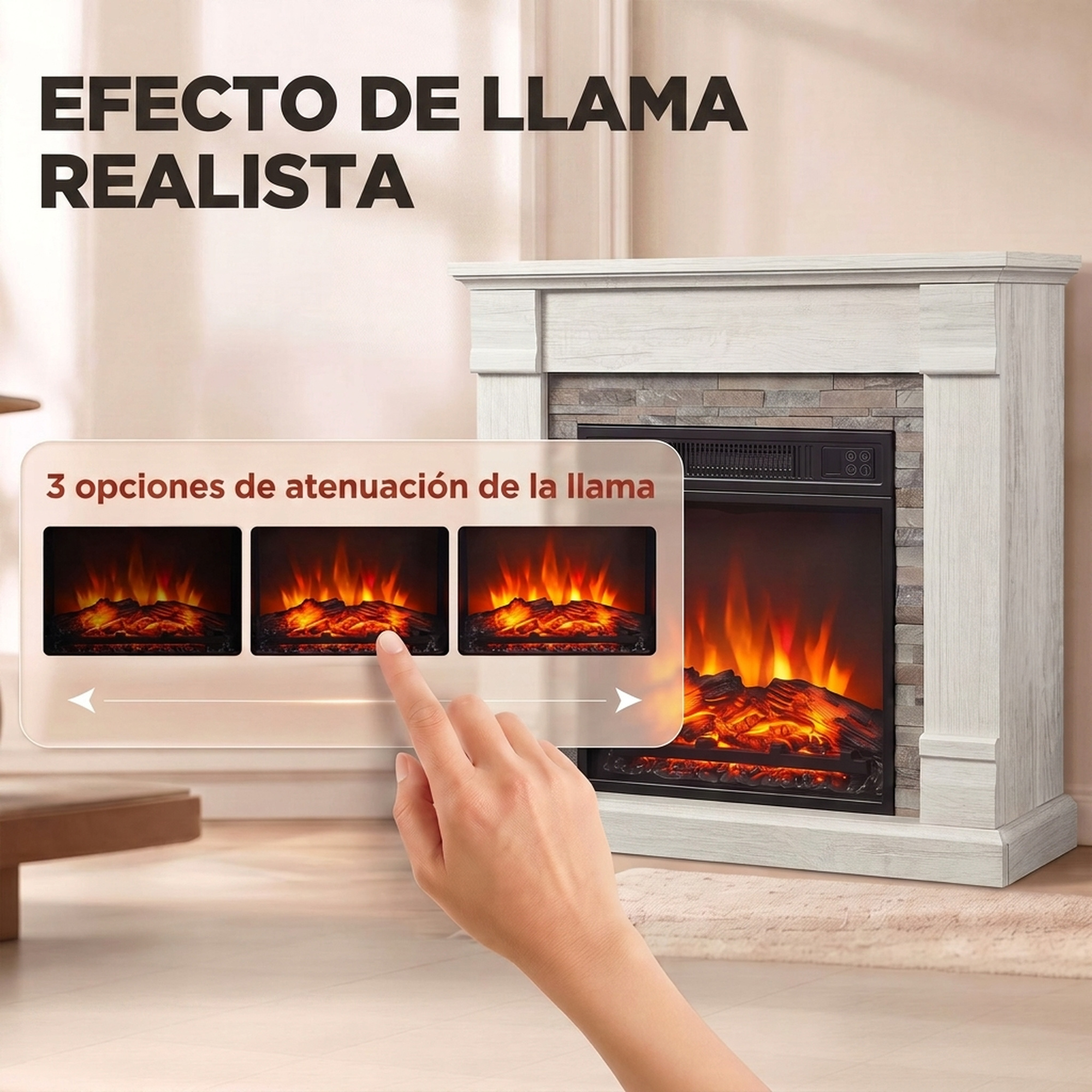 Una mano toca una superposición que muestra tres opciones de atenuación de llama de una chimenea eléctrica.