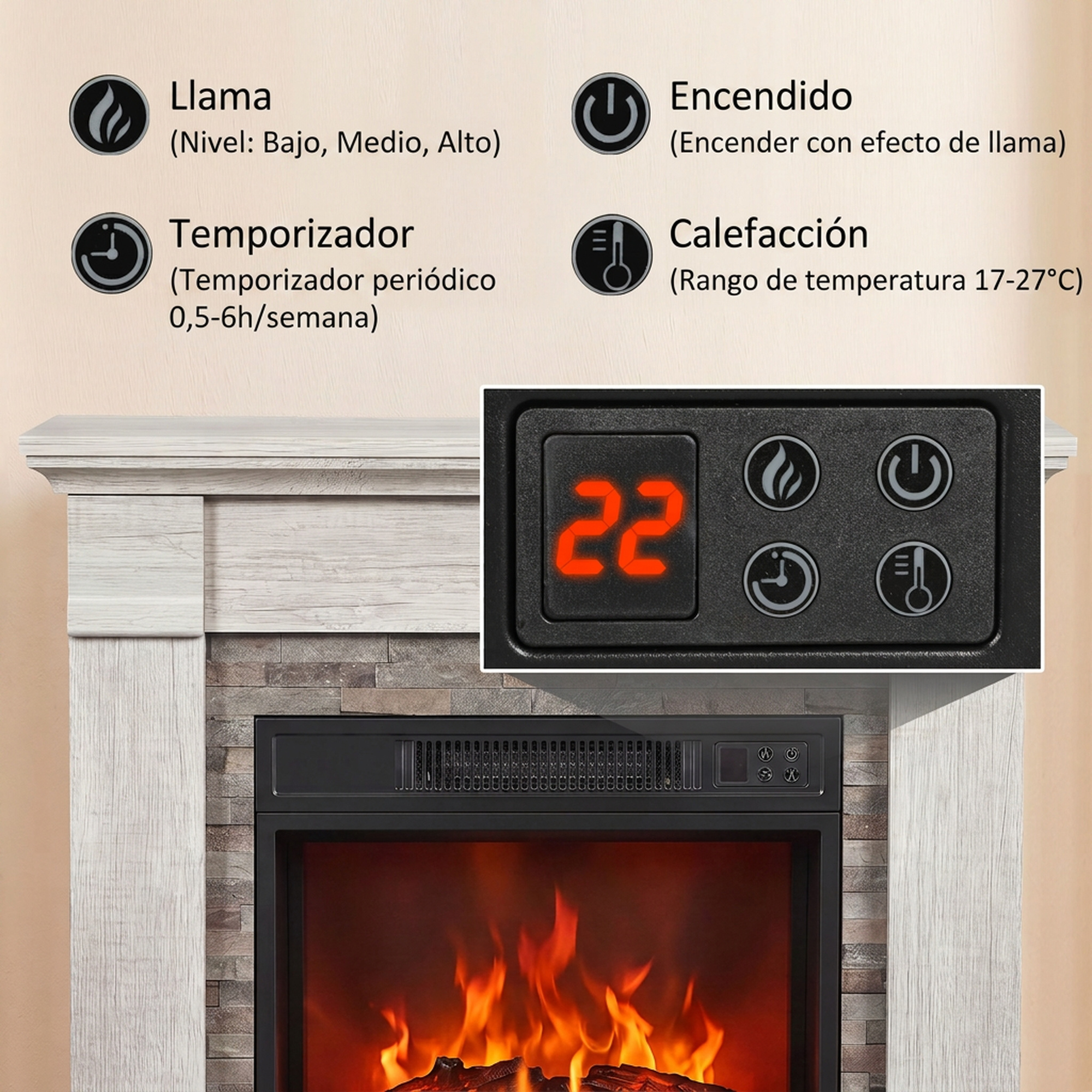 Chimenea eléctrica con repisa de piedra y panel de control con temperatura 22 e iconos.
