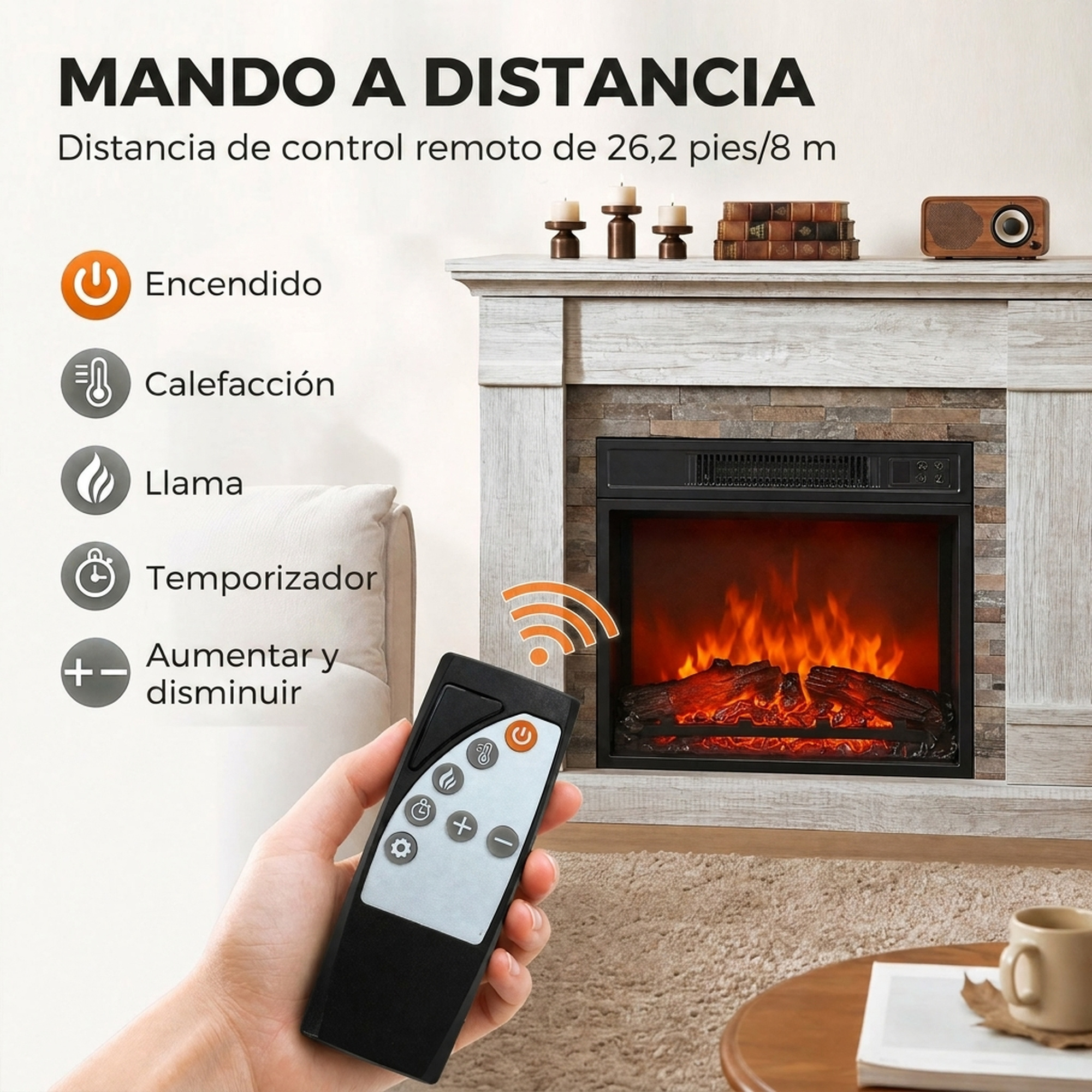 Una mano sostiene un control remoto frente a una chimenea eléctrica con iconos.