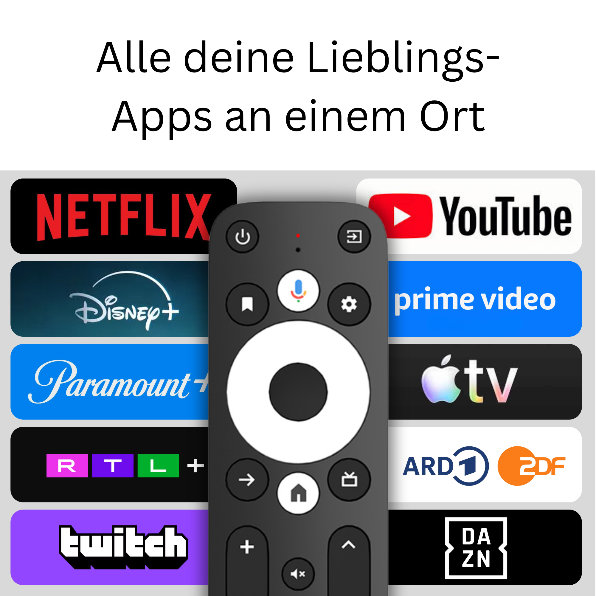 Eine Fernbedienung vor Logos verschiedener Streamingdienste und dem Text Alle deine Lieblings-Apps an einem Ort.