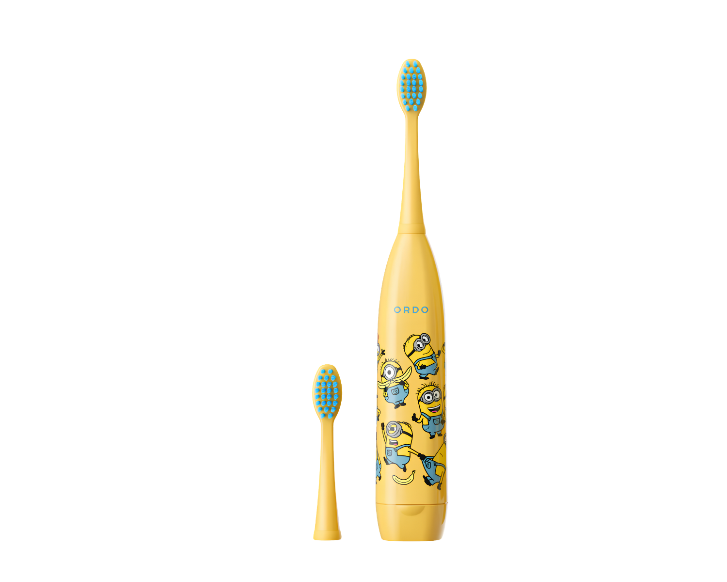 Un cepillo de dientes eléctrico amarillo para niños con personajes de Minions y un cabezal extra sobre fondo blanco.