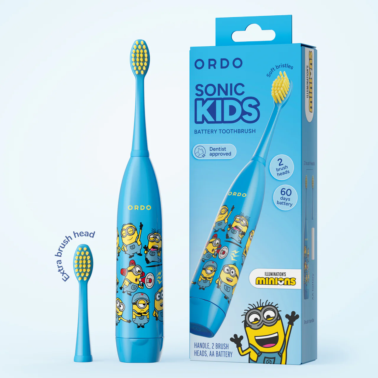 Cepillo dental azul Ordo Sonic Kids con diseño de Minions, cabezal extra y caja de embalaje sobre fondo claro.
