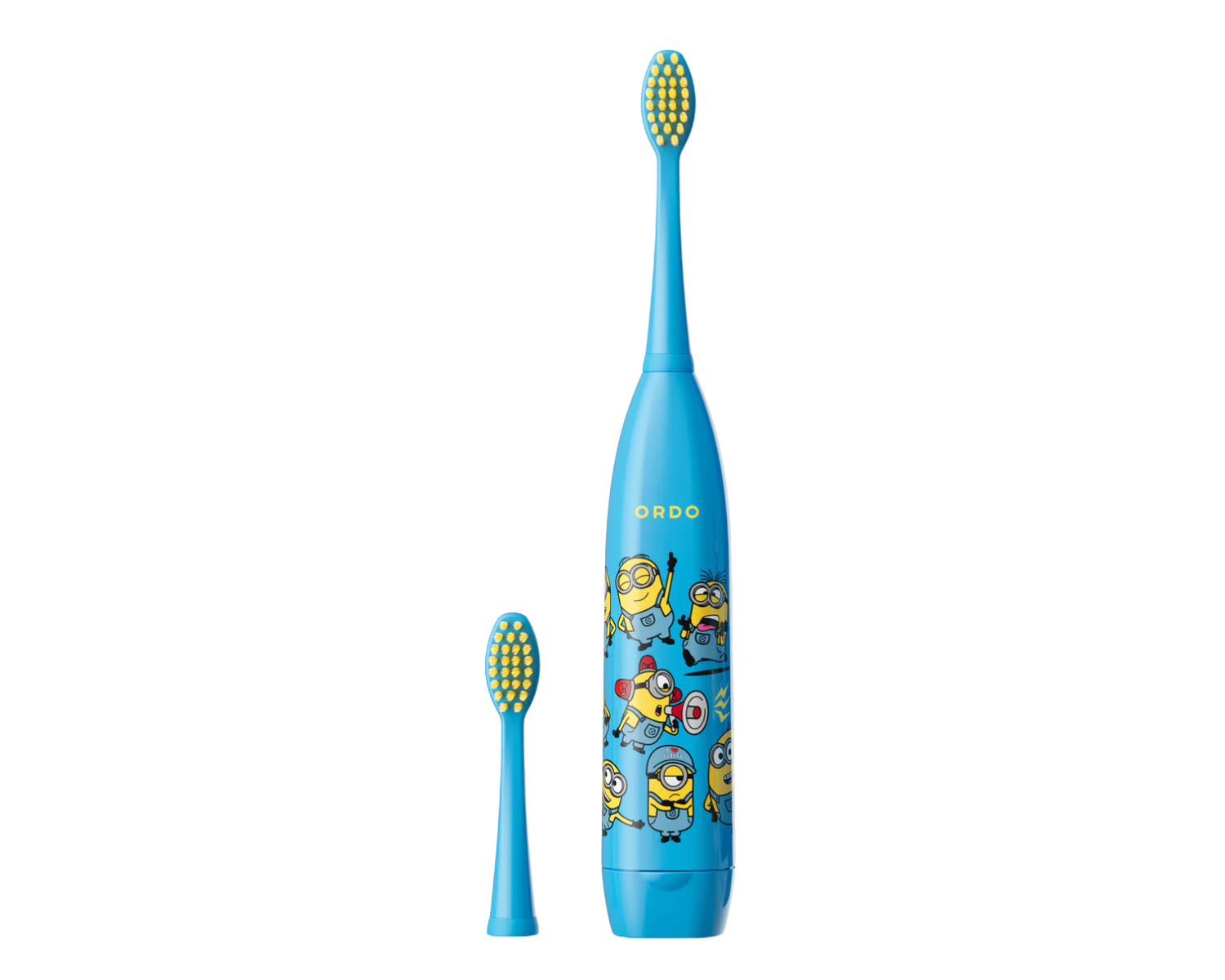 Cepillo de dientes eléctrico azul para niños con diseño de Minions y cabezal adicional, sobre fondo blanco.