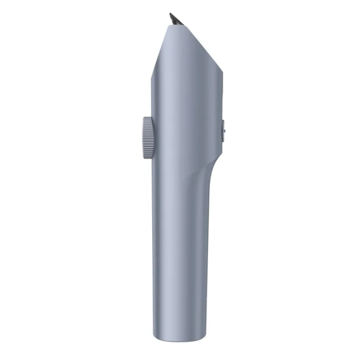 Un tagliacapelli grigio visto di lato su sfondo bianco.