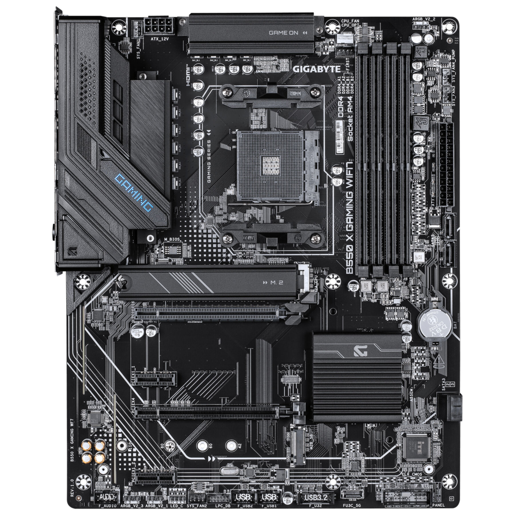 Una placa base Gigabyte B550 negra con zócalo de CPU central, cuatro ranuras RAM y varios disipadores.