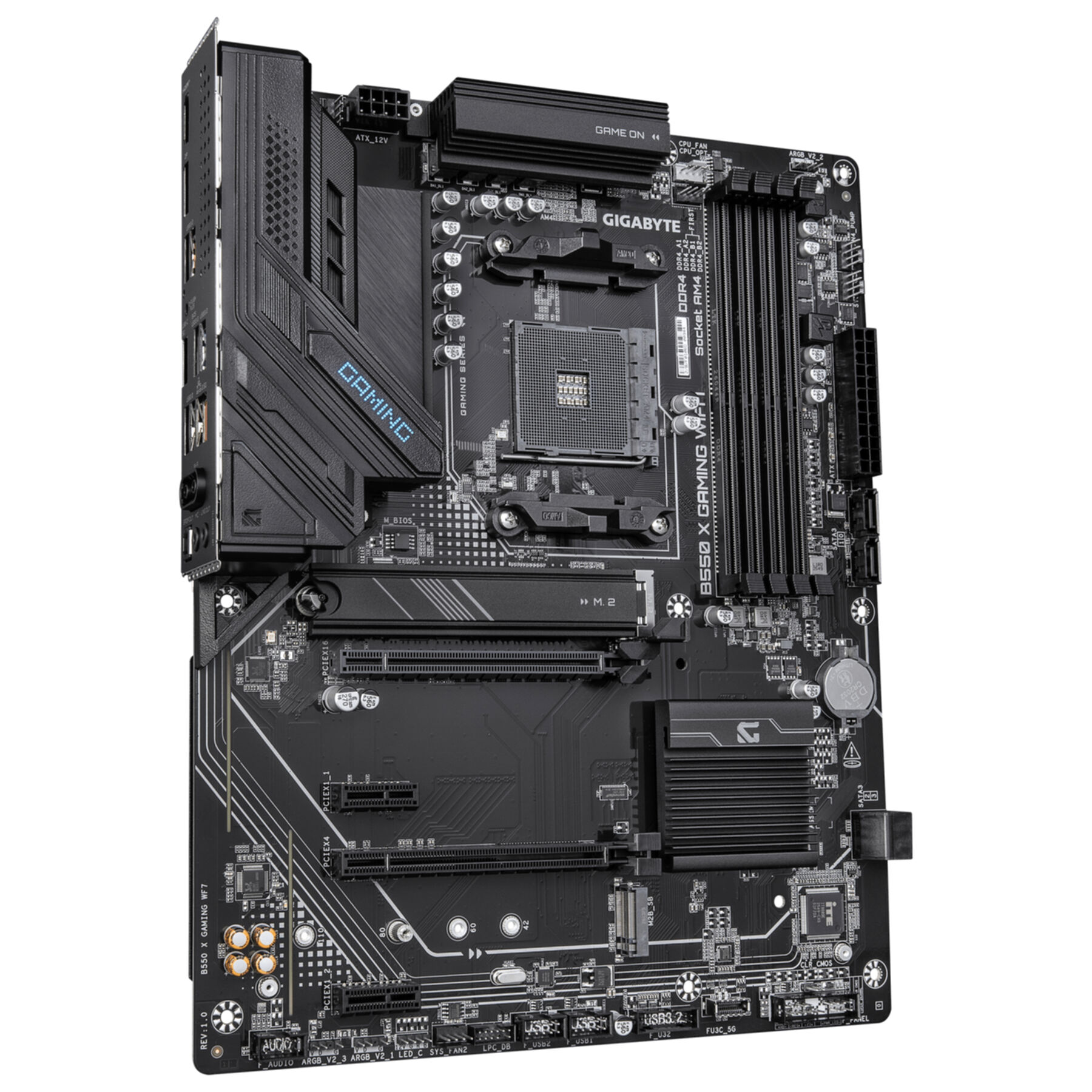 Placa base Gigabyte B550 Gaming negra con disipadores, zócalo de CPU, ranuras RAM y puertos PCIe.