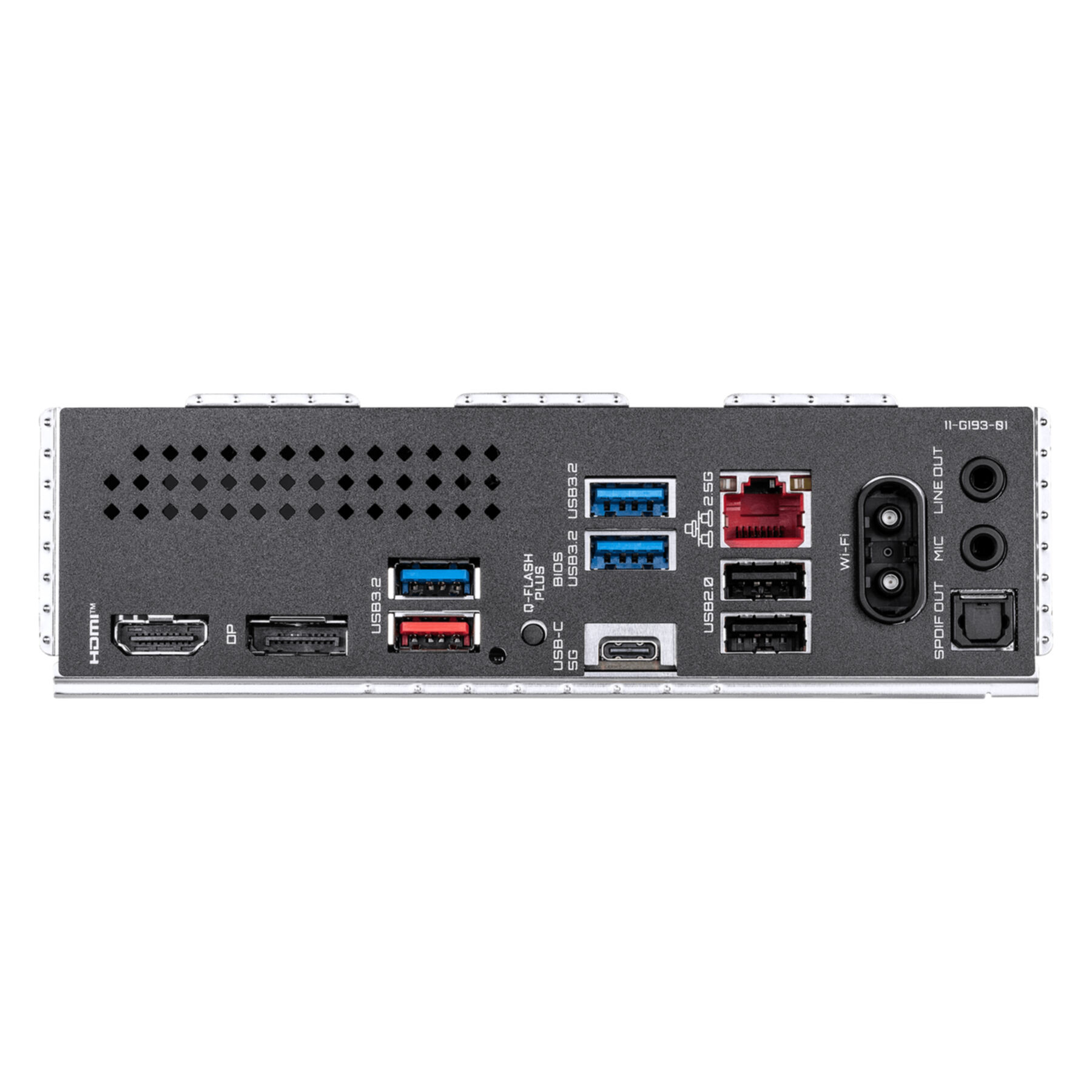Panel trasero de placa base con puertos USB, HDMI, DisplayPort, Ethernet y audio.