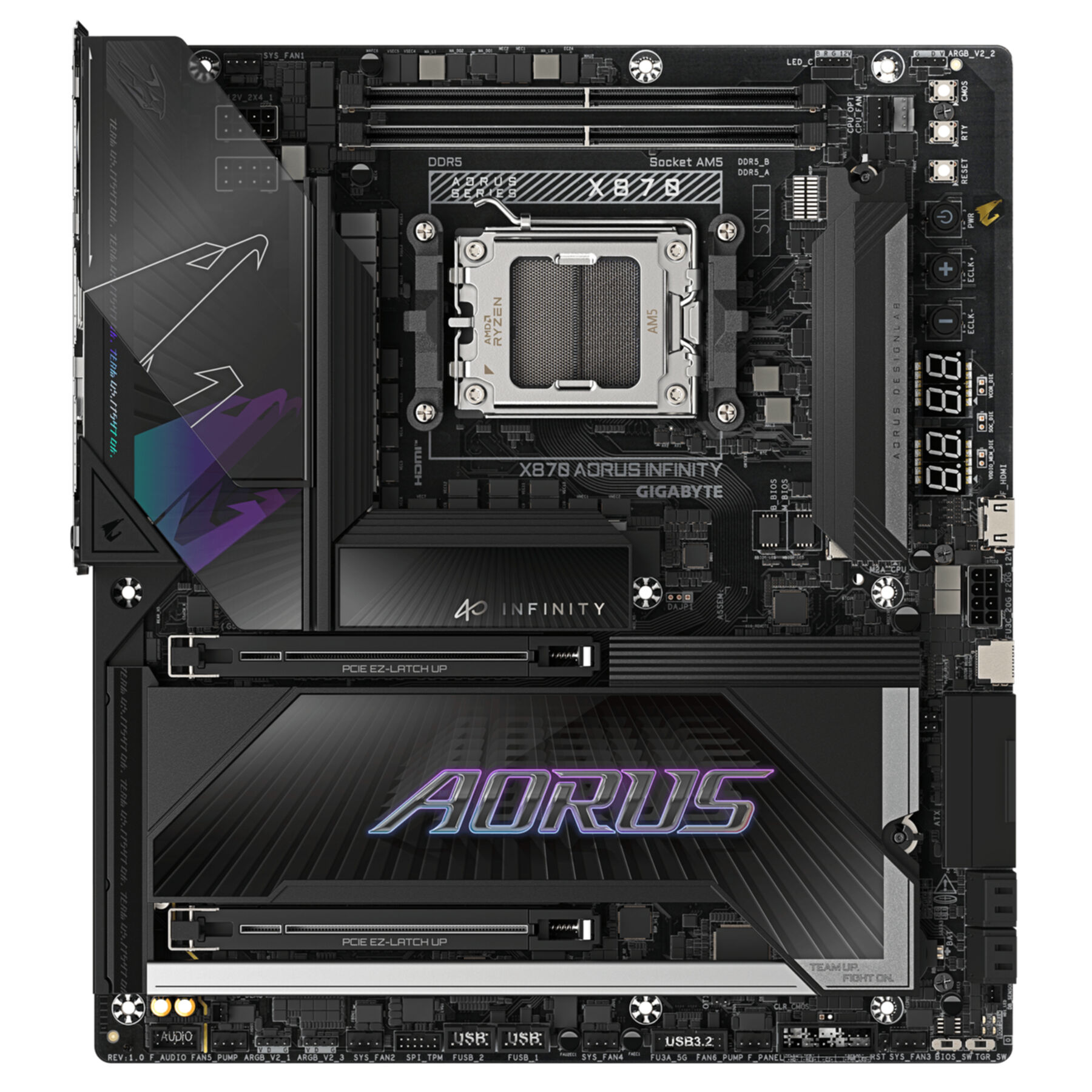 Placa base negra X870 Aorus Infinity con zócalo de CPU, disipadores, ranuras PCIe y elementos RGB.