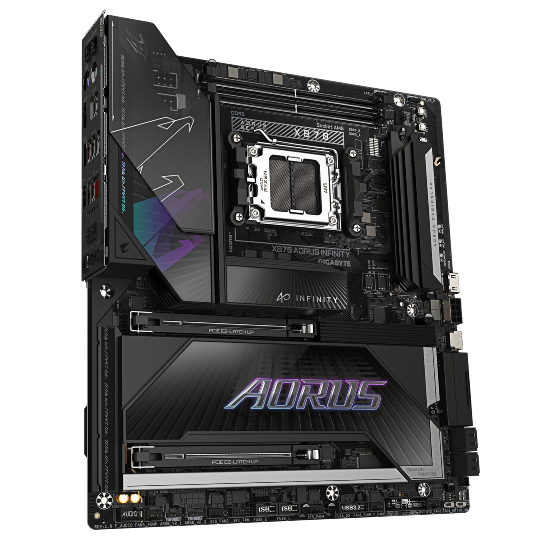 Placa base negra Gigabyte X870 Aorus con zócalo AM5 y detalles RGB sobre fondo blanco.