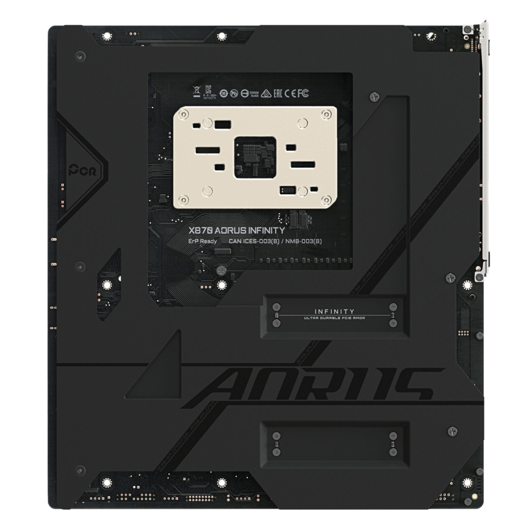 Parte trasera de una placa base negra X870 AORUS INFINITY con soporte de CPU plateado.
