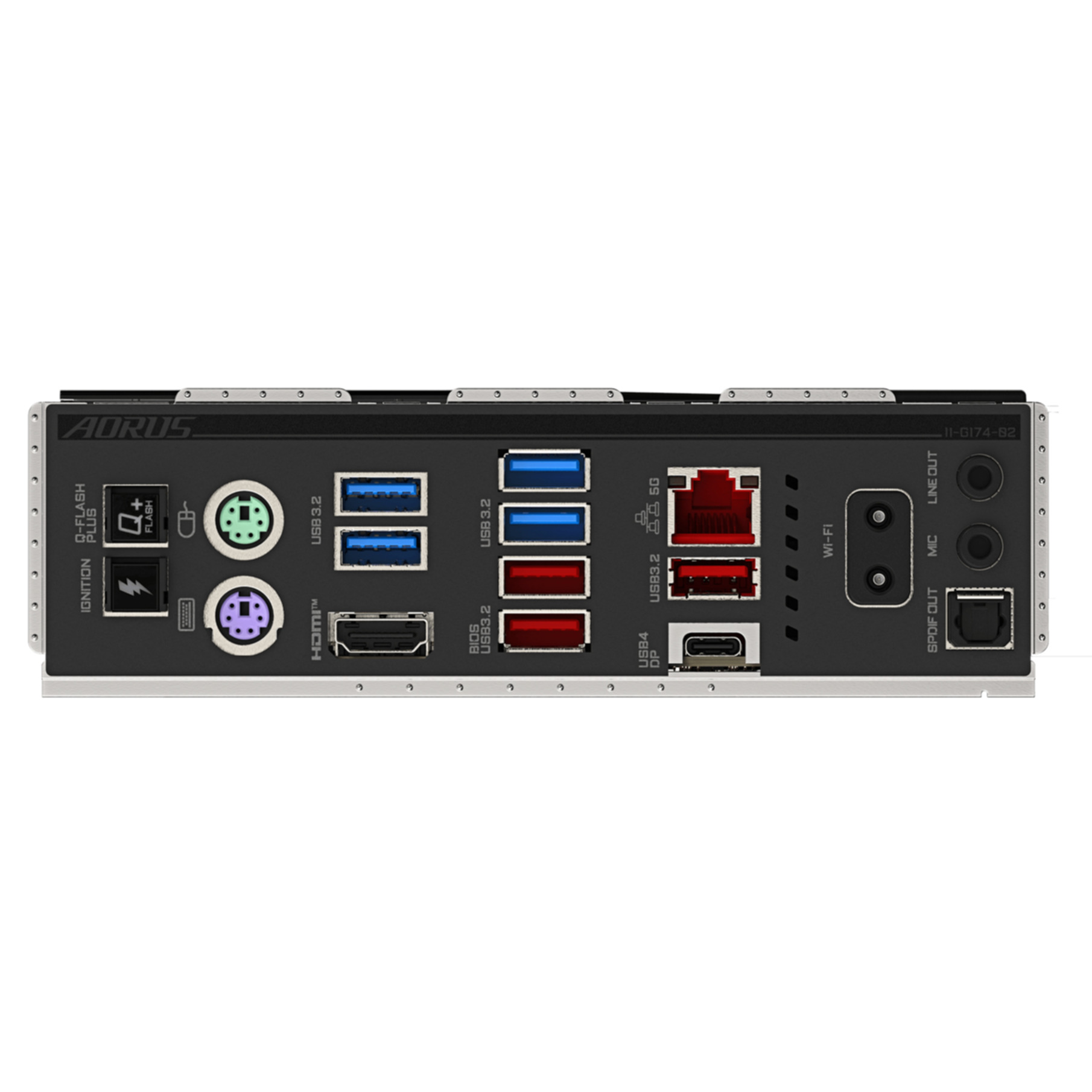 Panel trasero de una placa base Aorus con puertos USB, HDMI, Ethernet y audio.