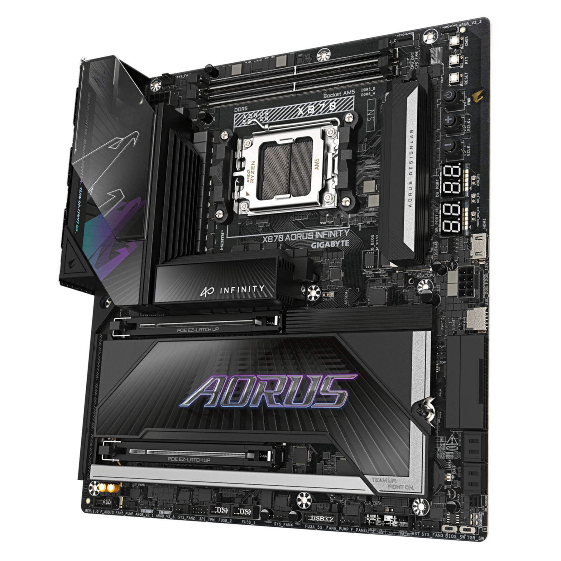 Placa base negra Gigabyte X870 Aorus Infinity con zócalo AM5 y detalles RGB.