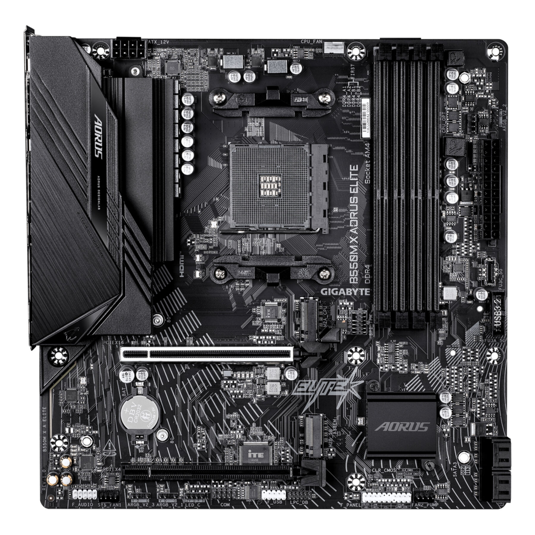 Placa base negra Gigabyte B550M Aorus Elite con socket AM4 y ranuras RAM.