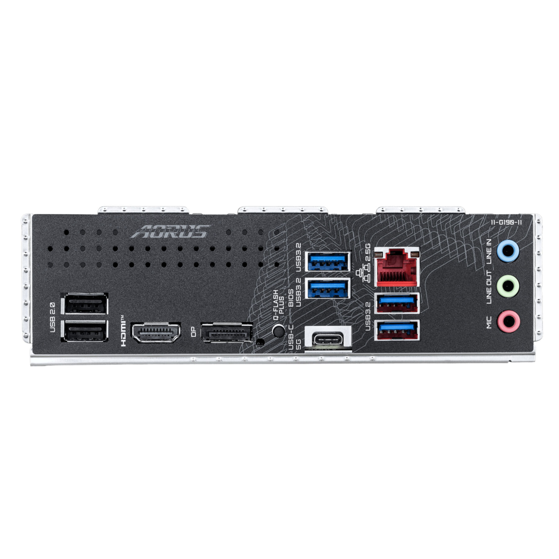 Panel trasero de una placa base Aorus con puertos USB, HDMI, DisplayPort, Ethernet y audio.