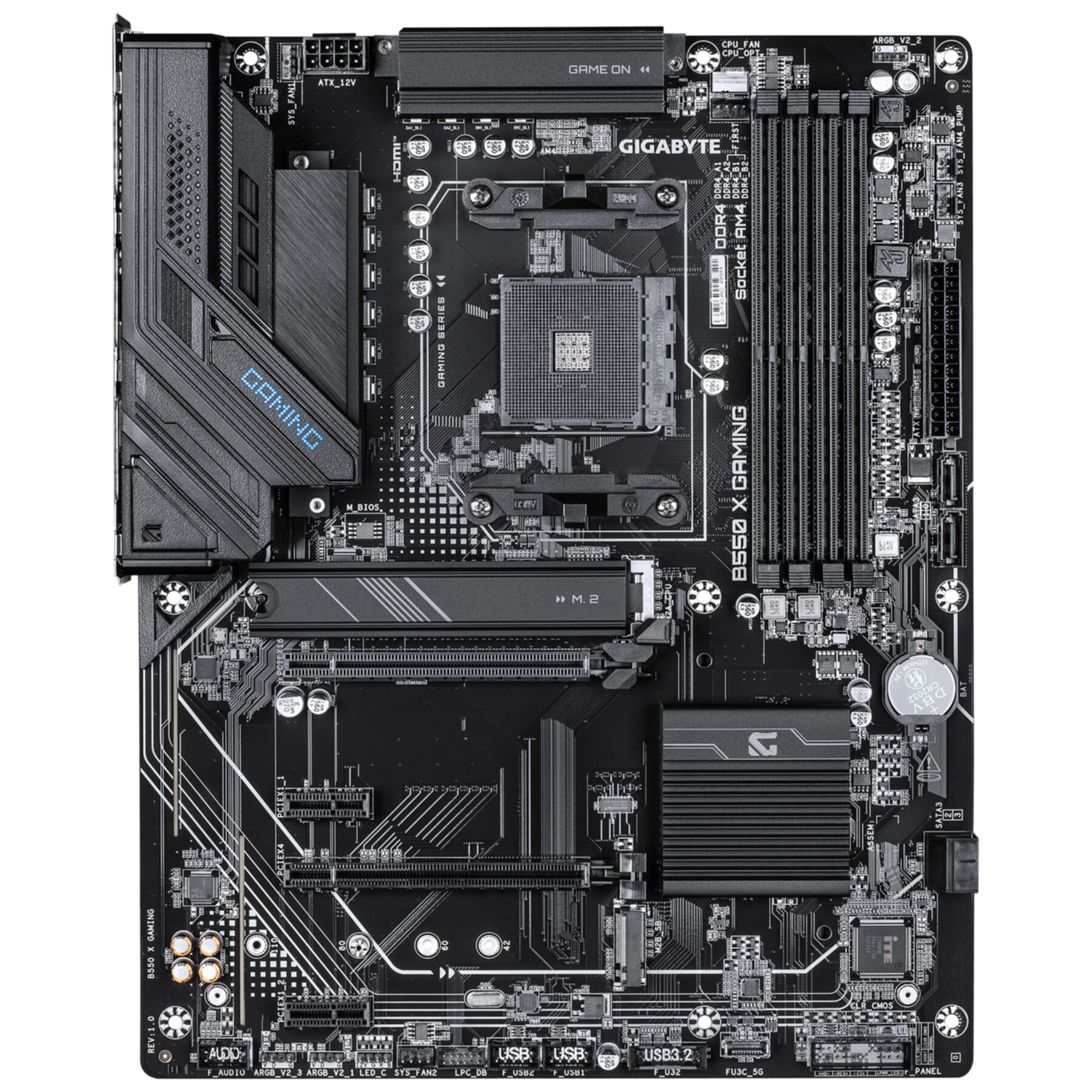 Placa base negra Gigabyte B550 X Gaming con zócalo de CPU, ranuras RAM y disipadores de calor.