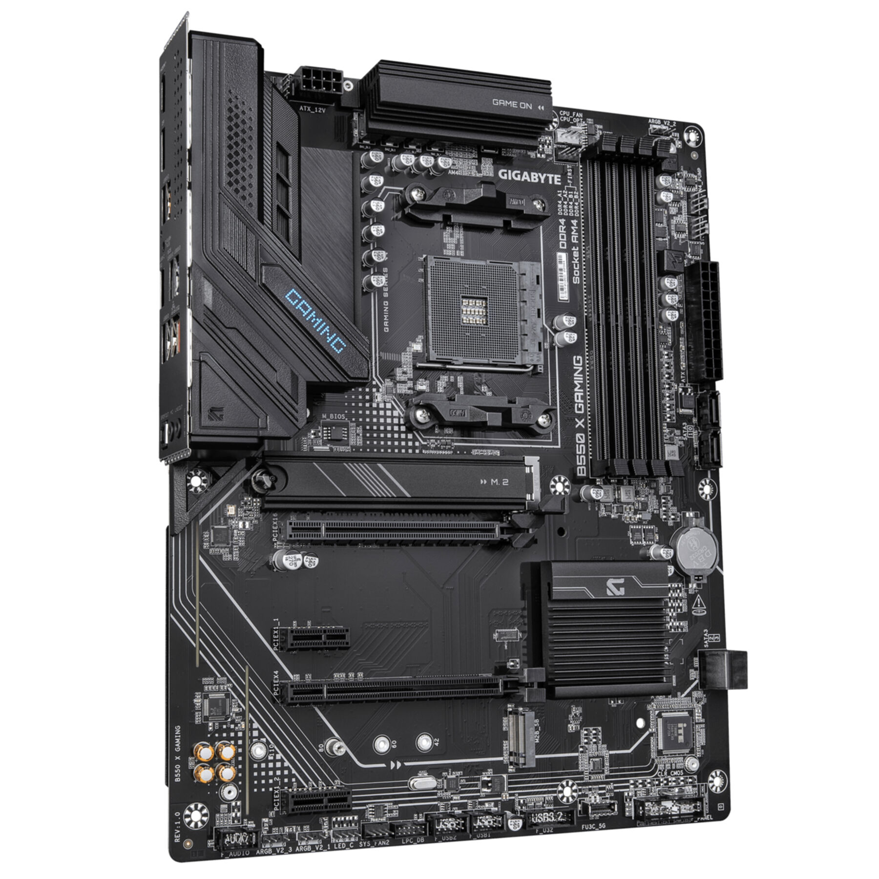 Una placa base negra Gigabyte B550 X Gaming con ranuras de expansión, disipadores y puertos.