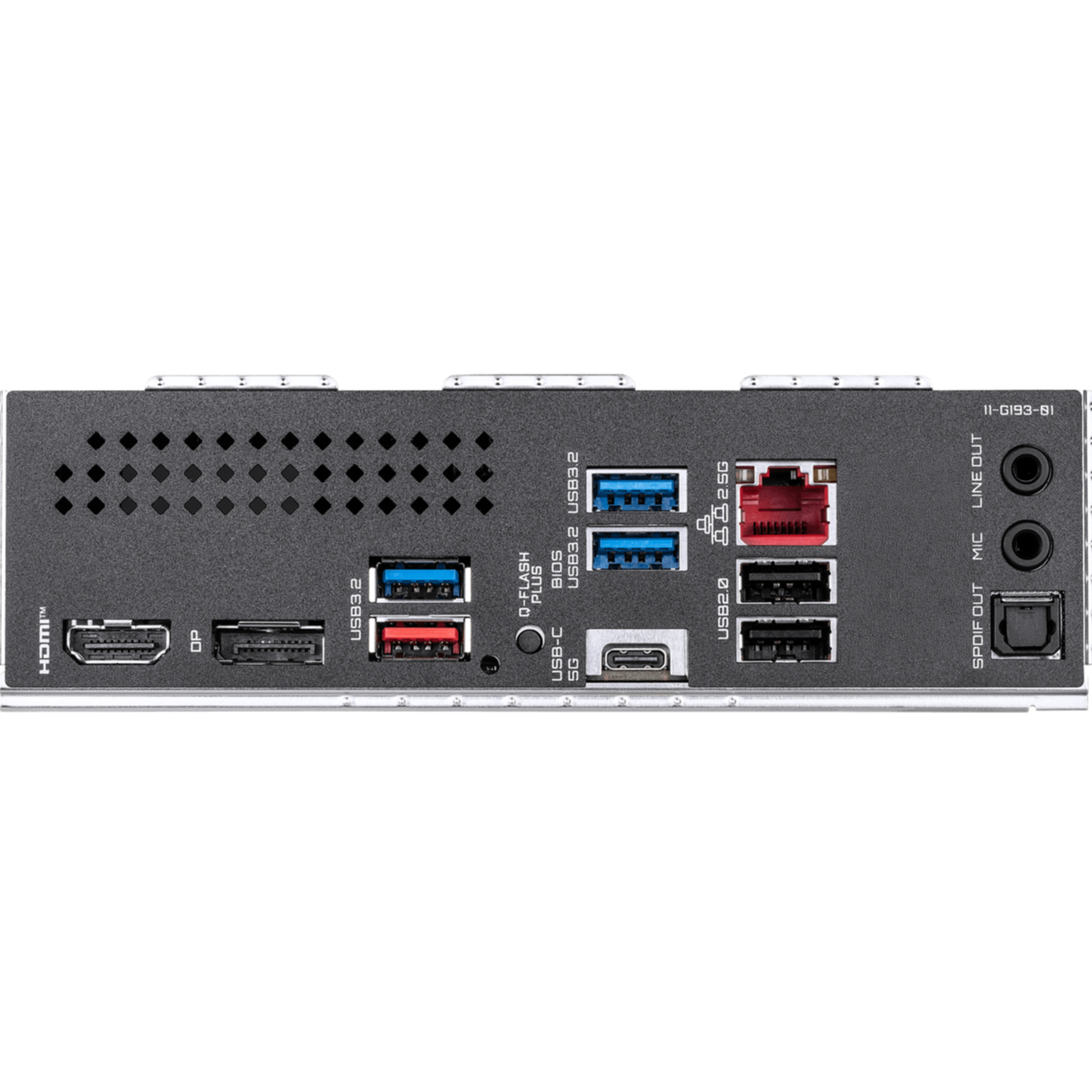 Panel trasero de placa base con HDMI, USB 3.2, USB-C, Ethernet y puertos de audio en un escudo negro.