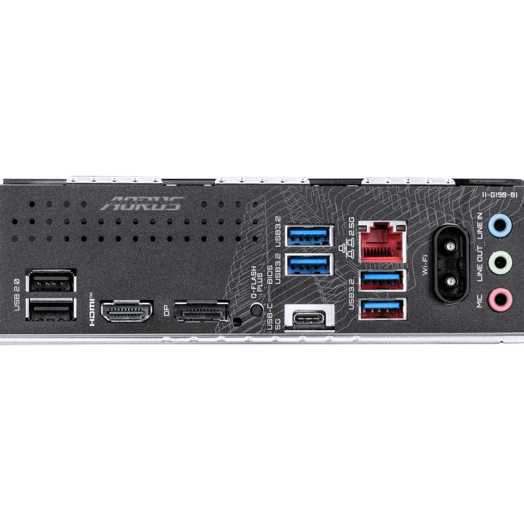 Panel de E/S trasero de una placa base Aorus con puertos USB, HDMI, DisplayPort, Ethernet, Wi-Fi y audio.