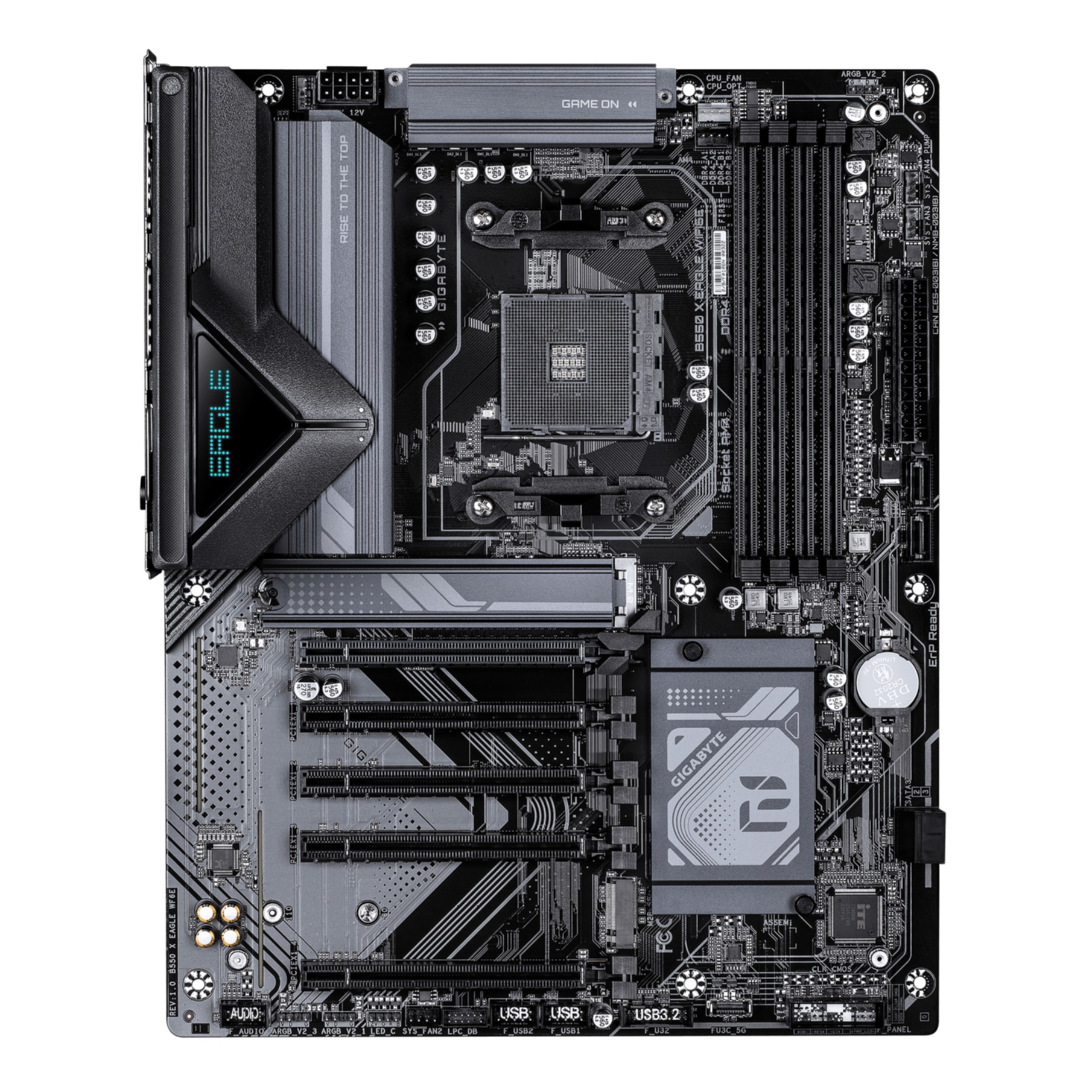Una placa madre Gigabyte B550 X Eagle en negro y gris con varios puertos y ranuras.