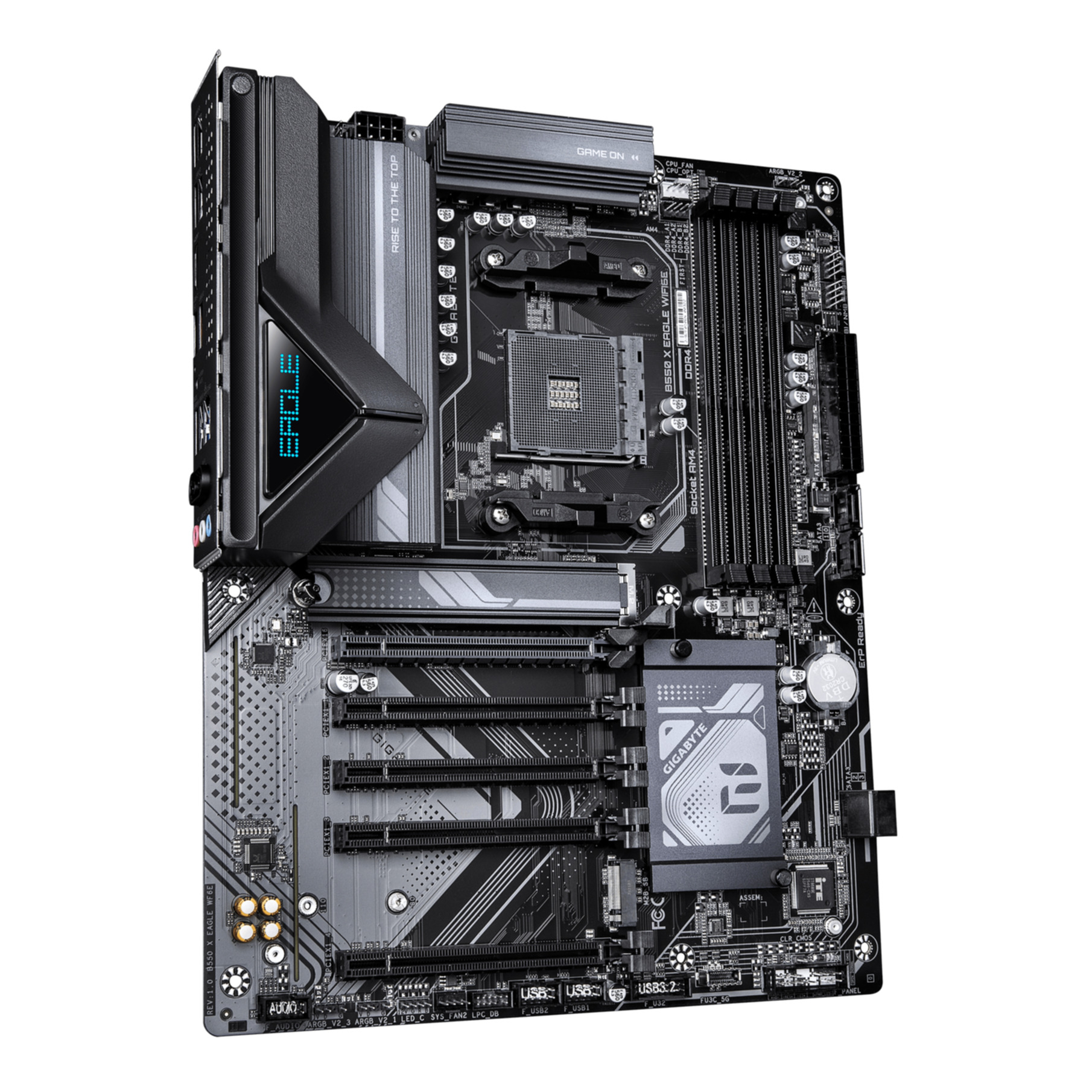Una placa base Gigabyte B550X Eagle negra con socket de CPU, ranuras RAM y ranuras PCIe sobre fondo blanco.