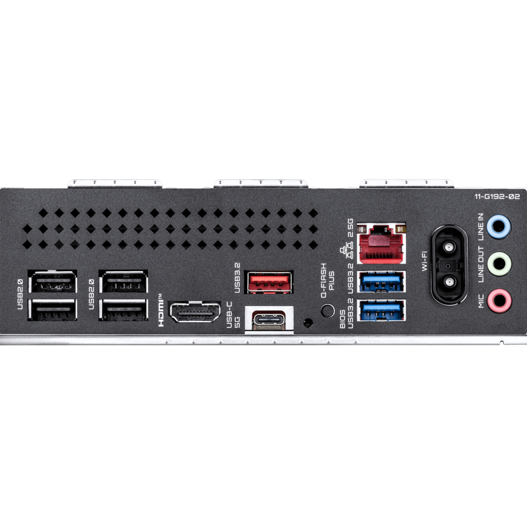 Panel trasero de una placa base con puertos USB, HDMI, Ethernet, Wi-Fi y de audio sobre fondo negro.