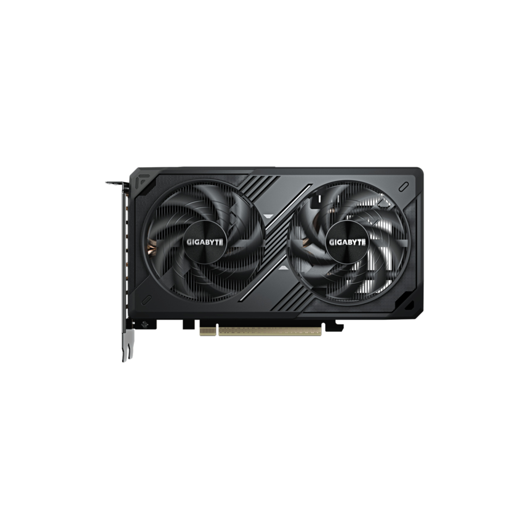 Una scheda grafica Gigabyte nera con due ventole di raffreddamento su sfondo bianco.