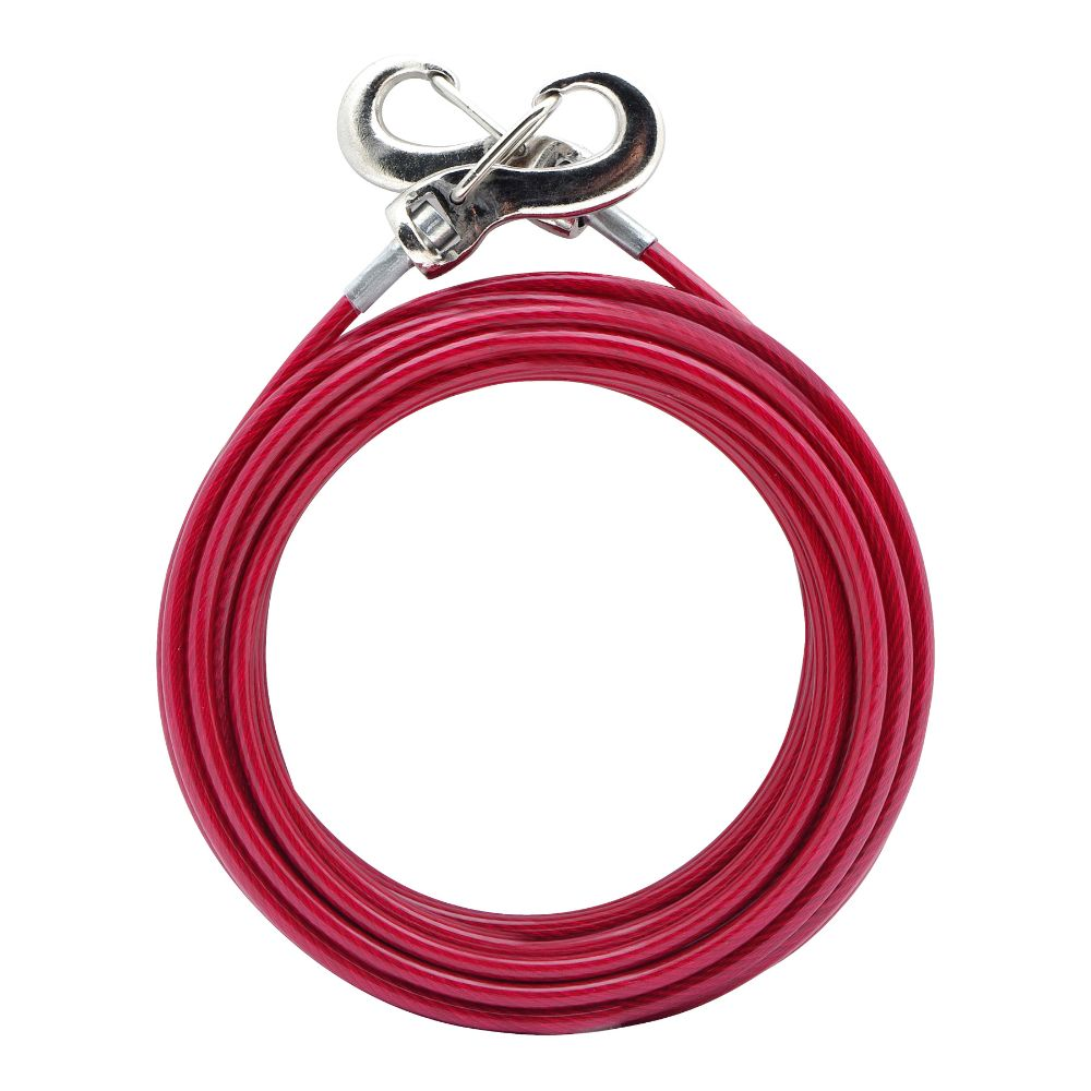 Un cable rojo enrollado con dos ganchos de presilla plateados en los extremos sobre fondo blanco.