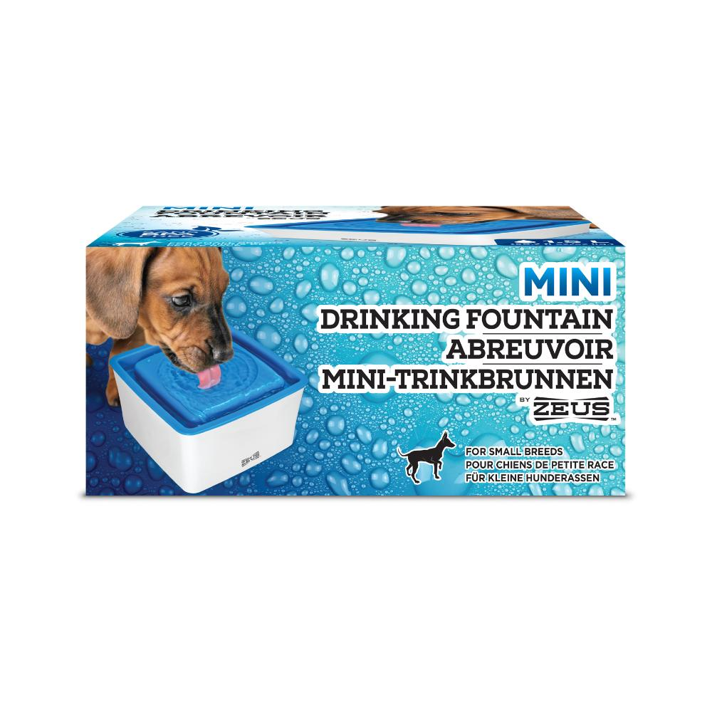 Caja de producto para la fuente bebedero mini Zeus para perros, con un cachorro bebiendo sobre un fondo de gotas de agua.