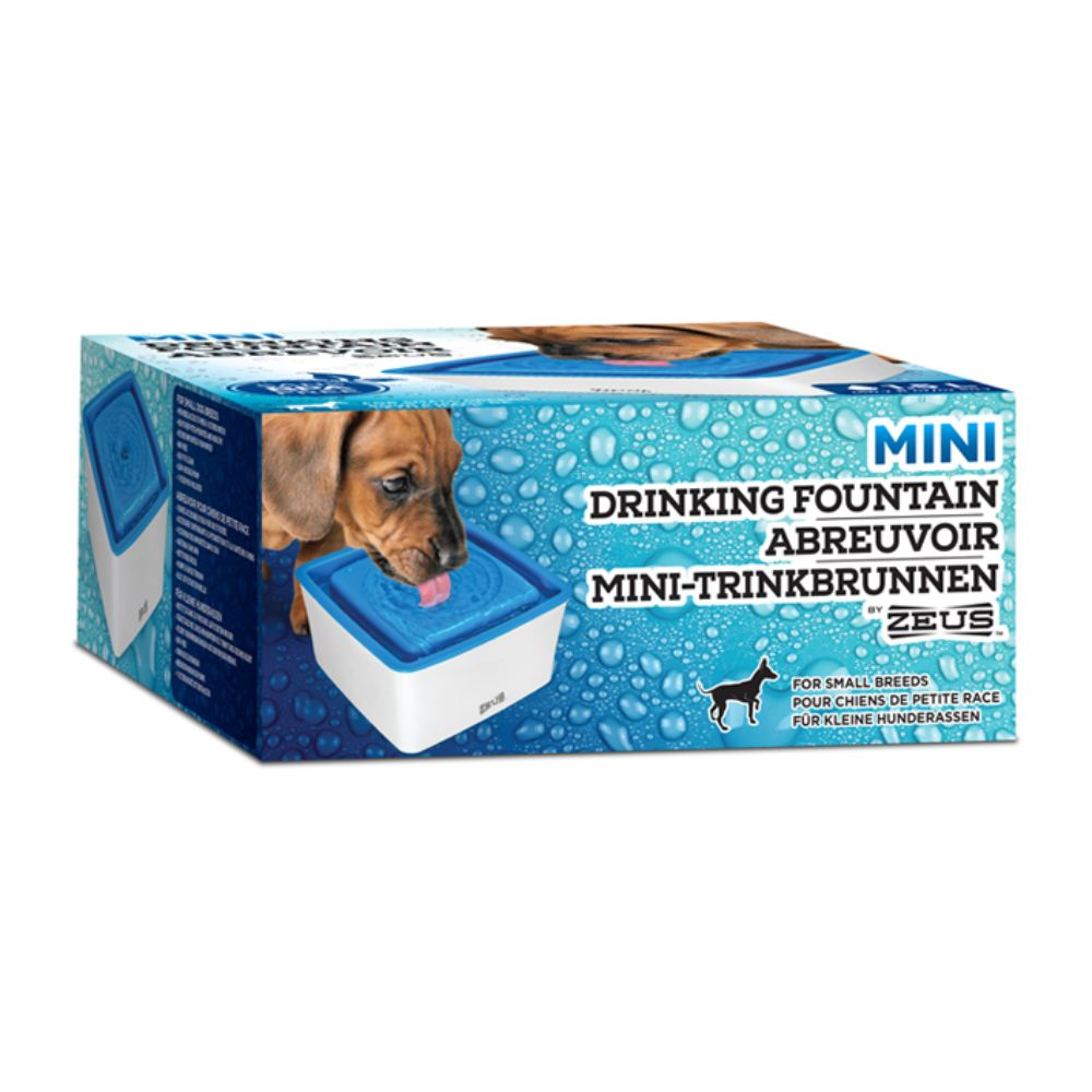 Embalaje de una mini fuente para perros Zeus con un cachorro en la parte delantera.