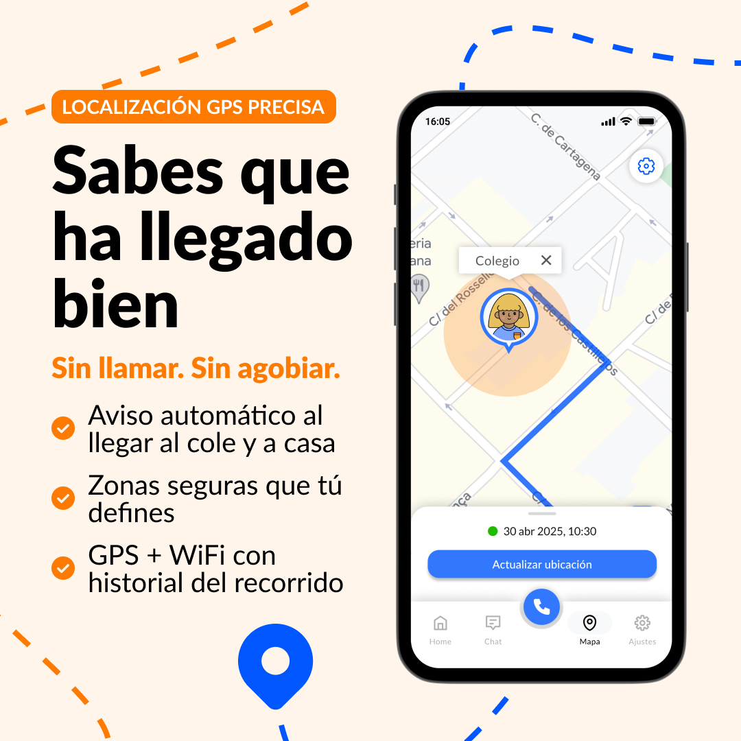 Smartphone que muestra una app de rastreo GPS y mapa, rodeado de texto promocional.