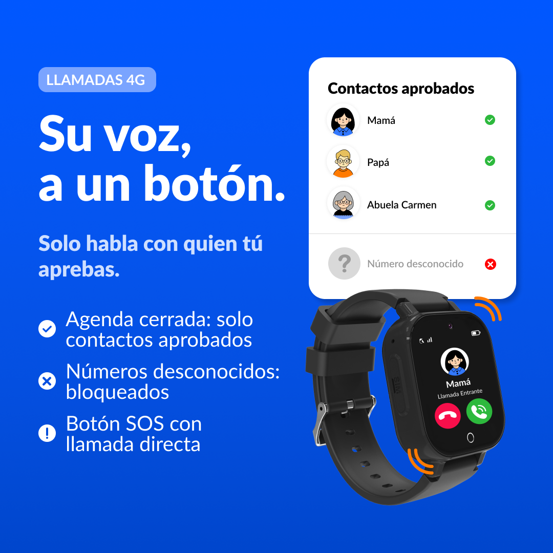 Anuncio azul de un reloj inteligente con seguridad de contactos y botón SOS.