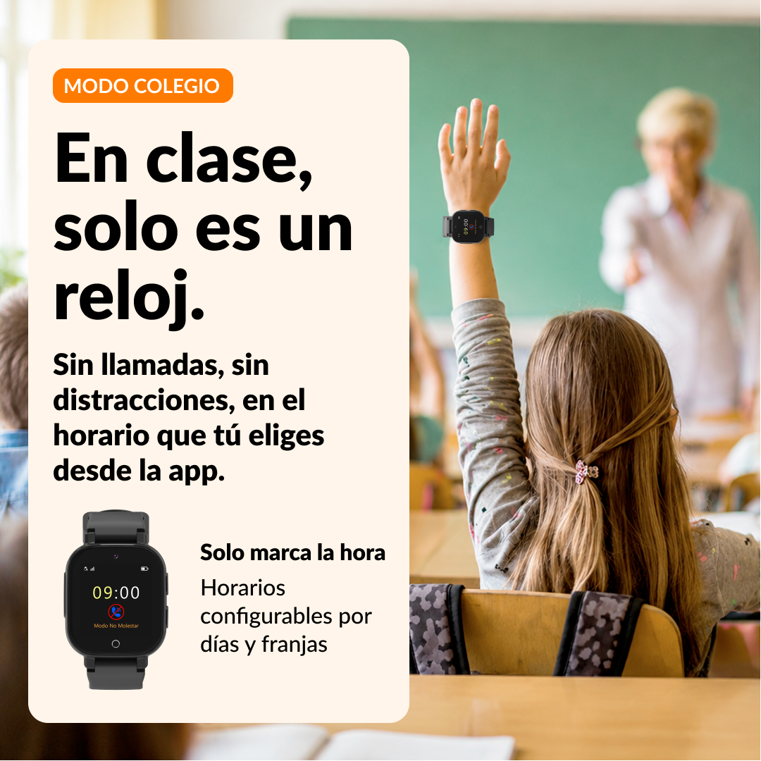 Un niño con smartwatch levanta la mano en clase, junto a texto sobre el modo colegio.