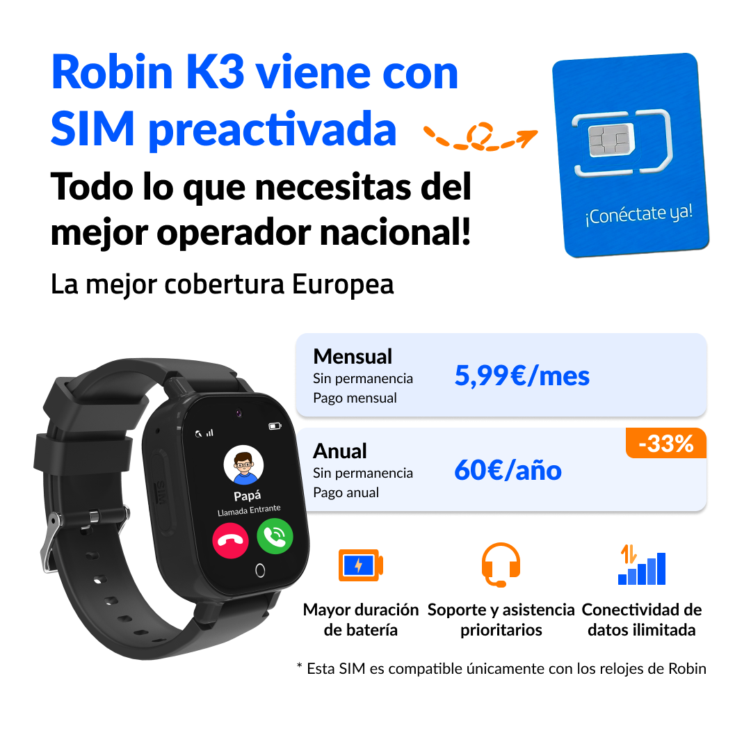 Anuncio del reloj Robin K3 con tarjeta SIM y precios de 5,99€ al mes o 60€ al año.