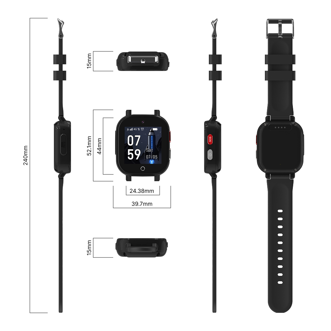 Diagrama de un reloj inteligente negro con varias dimensiones desde múltiples ángulos.