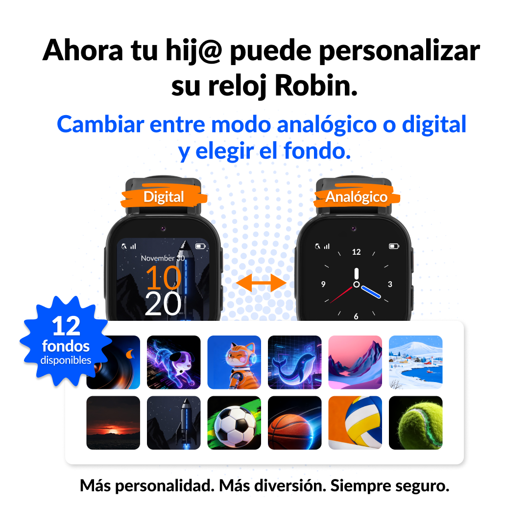 Reloj inteligente para niños con modos digital y analógico y doce esferas personalizables.