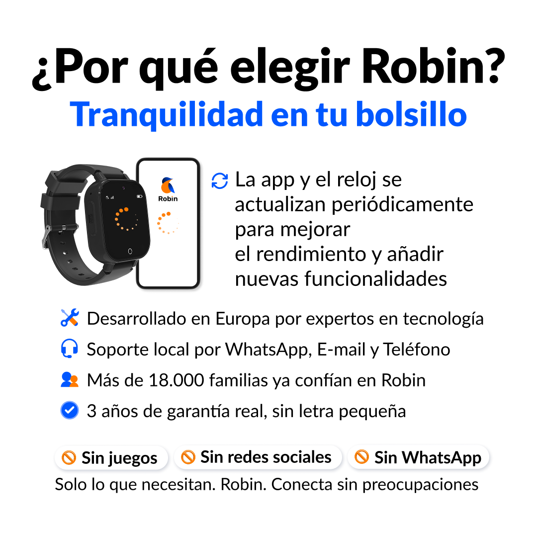 Anuncio del reloj inteligente Robin con ventajas como actualizaciones, diseño europeo, soporte, garantía y sin juegos ni redes.