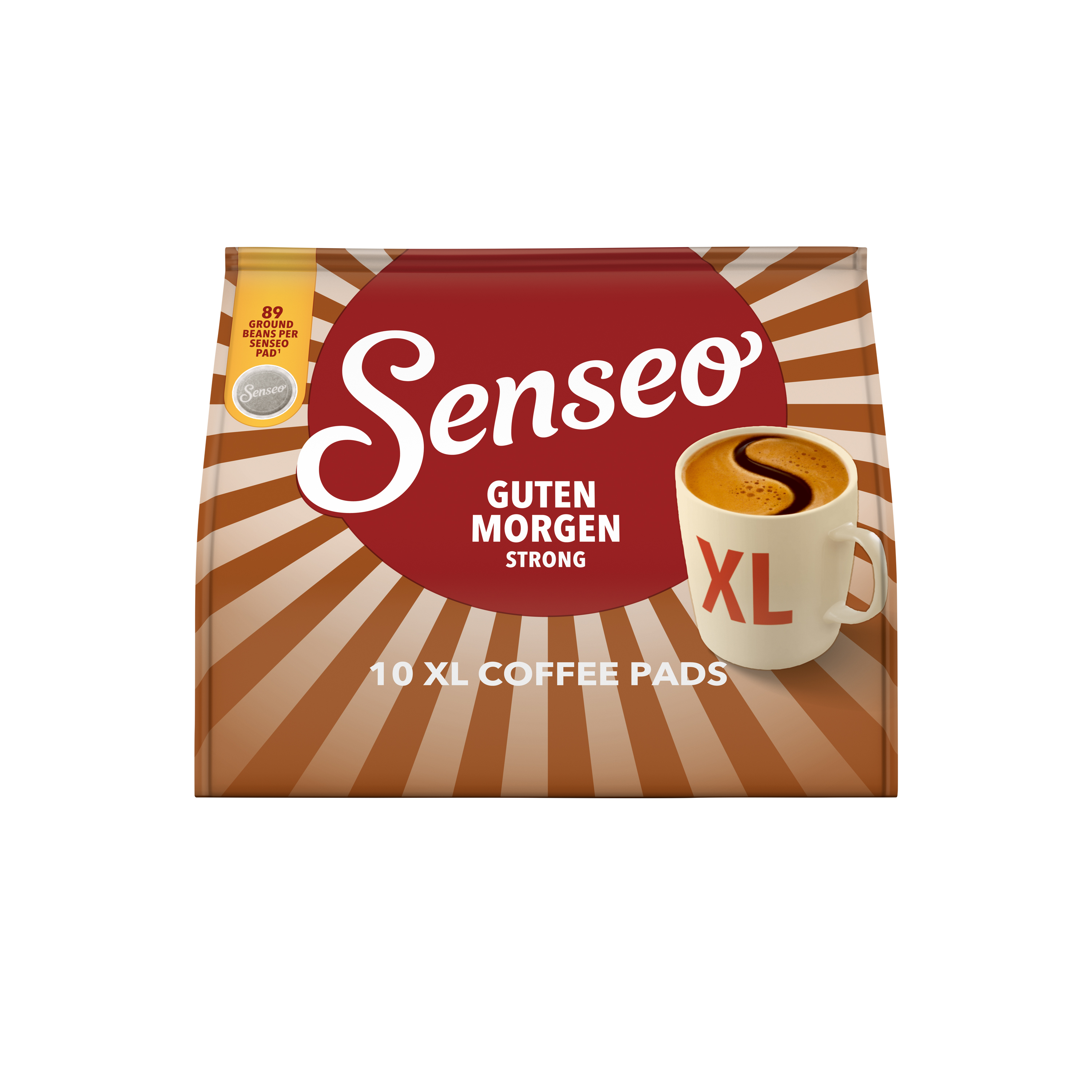 Senseo Guten Morgen Kaffeepads Verpackung mit rotem Logo und einer Tasse Kaffee.