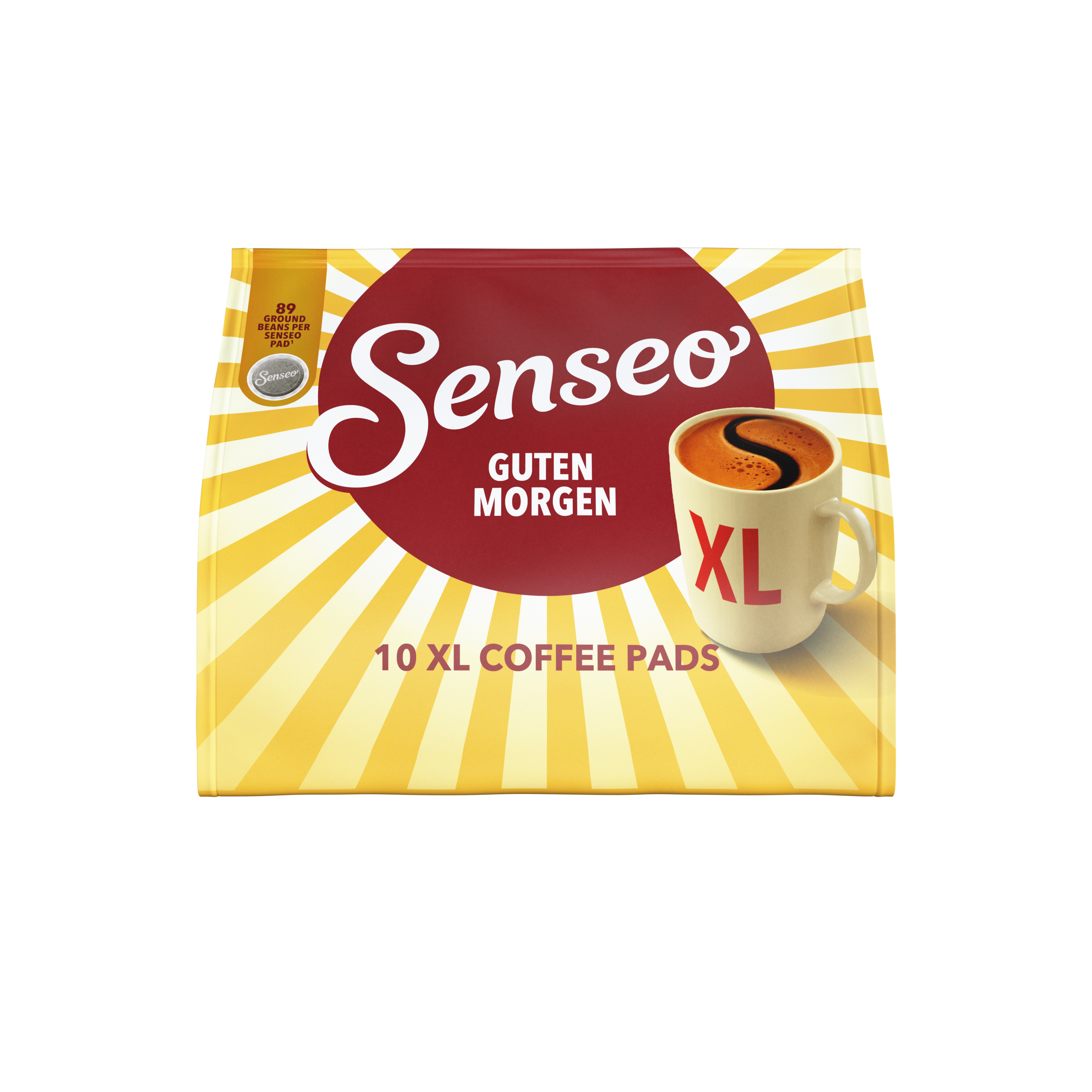 Senseo Guten Morgen XL Kaffeepad-Verpackung in Gelb und Rot mit Kaffeetasse.