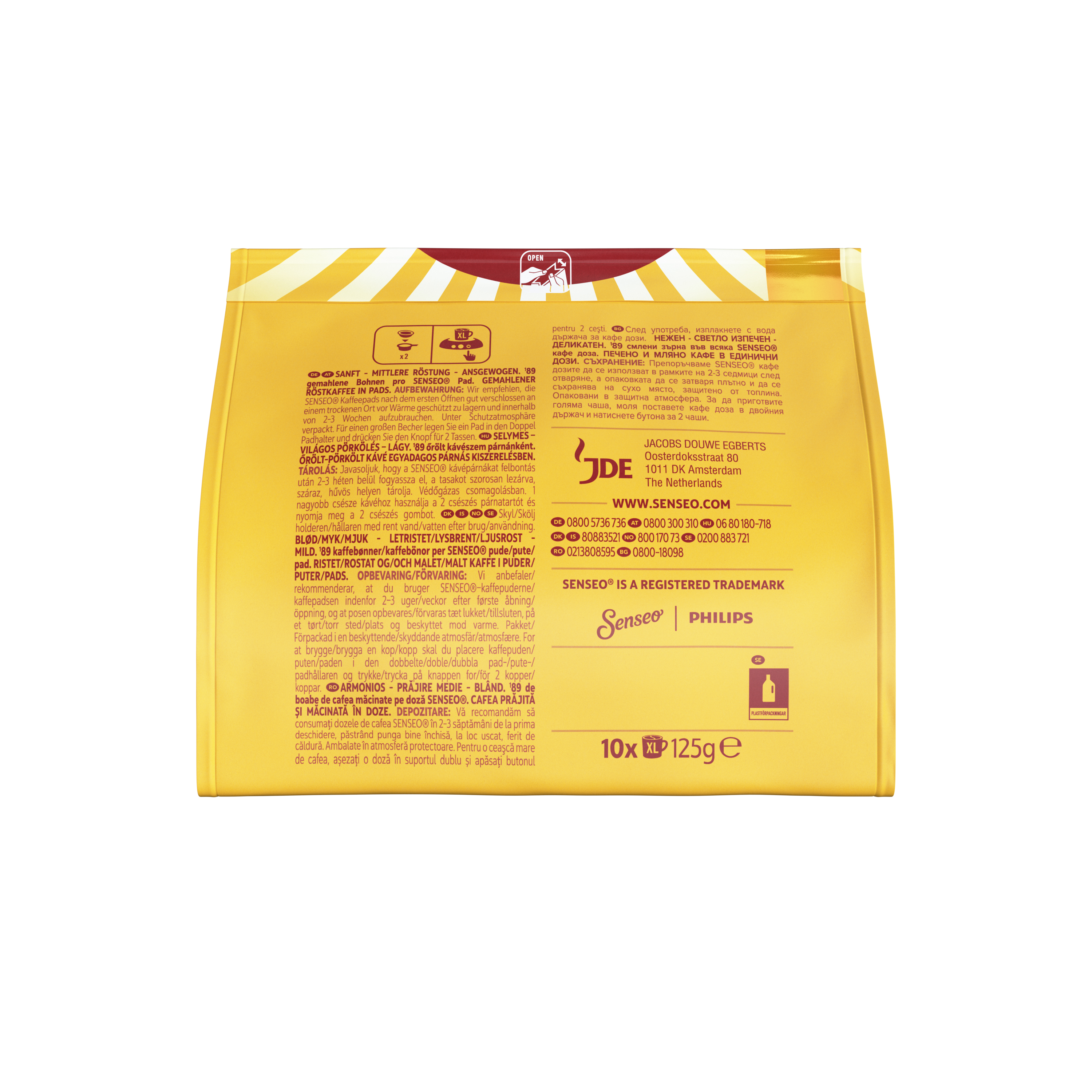 Gelbe Senseo Kaffeepad-Verpackung mit mehrsprachigem Text, Zubereitungshinweisen und JDE- und Philips-Logos.
