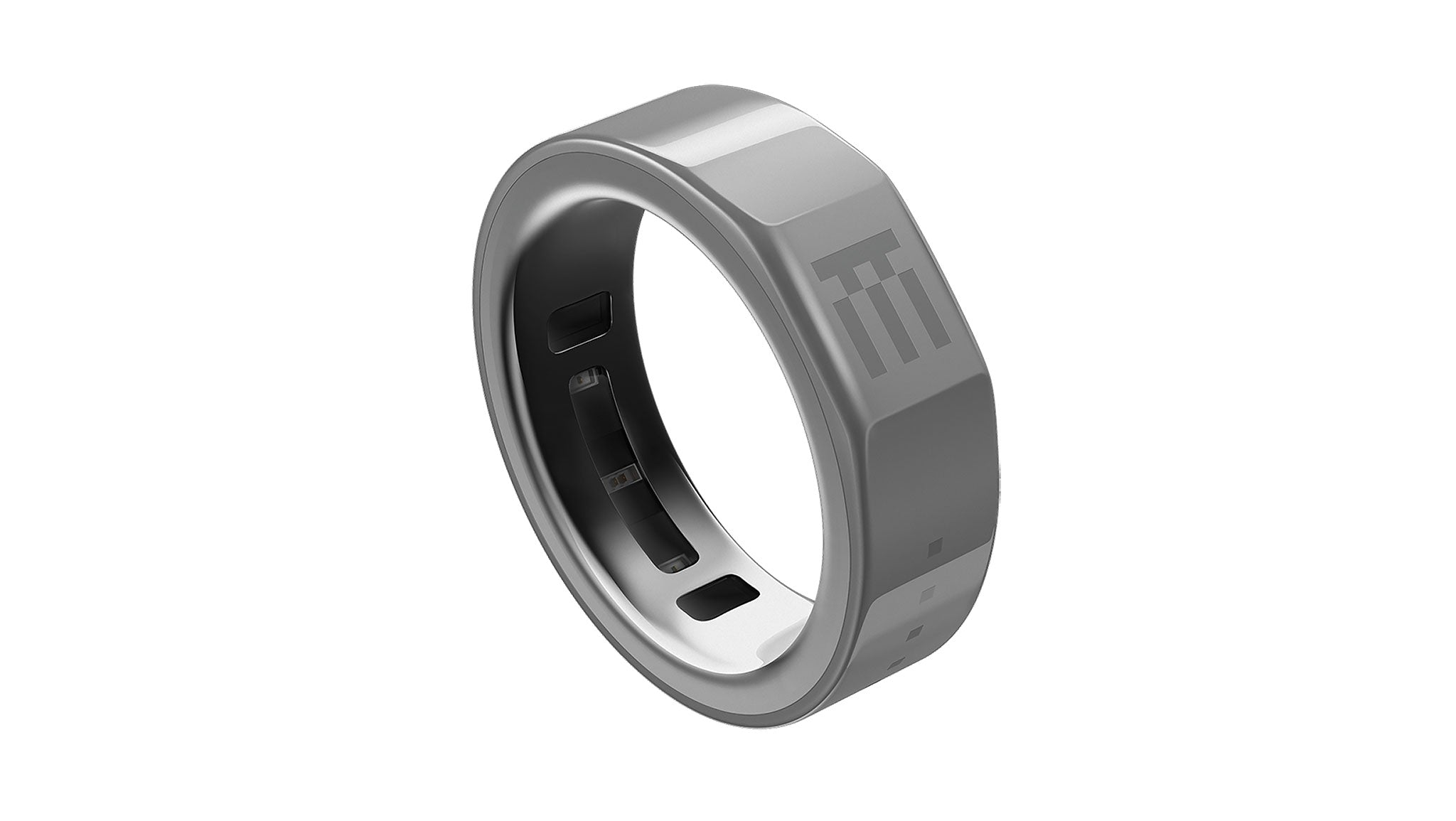 Un anillo inteligente gris con sensores interiores y un logotipo grabado en su superficie exterior lisa.