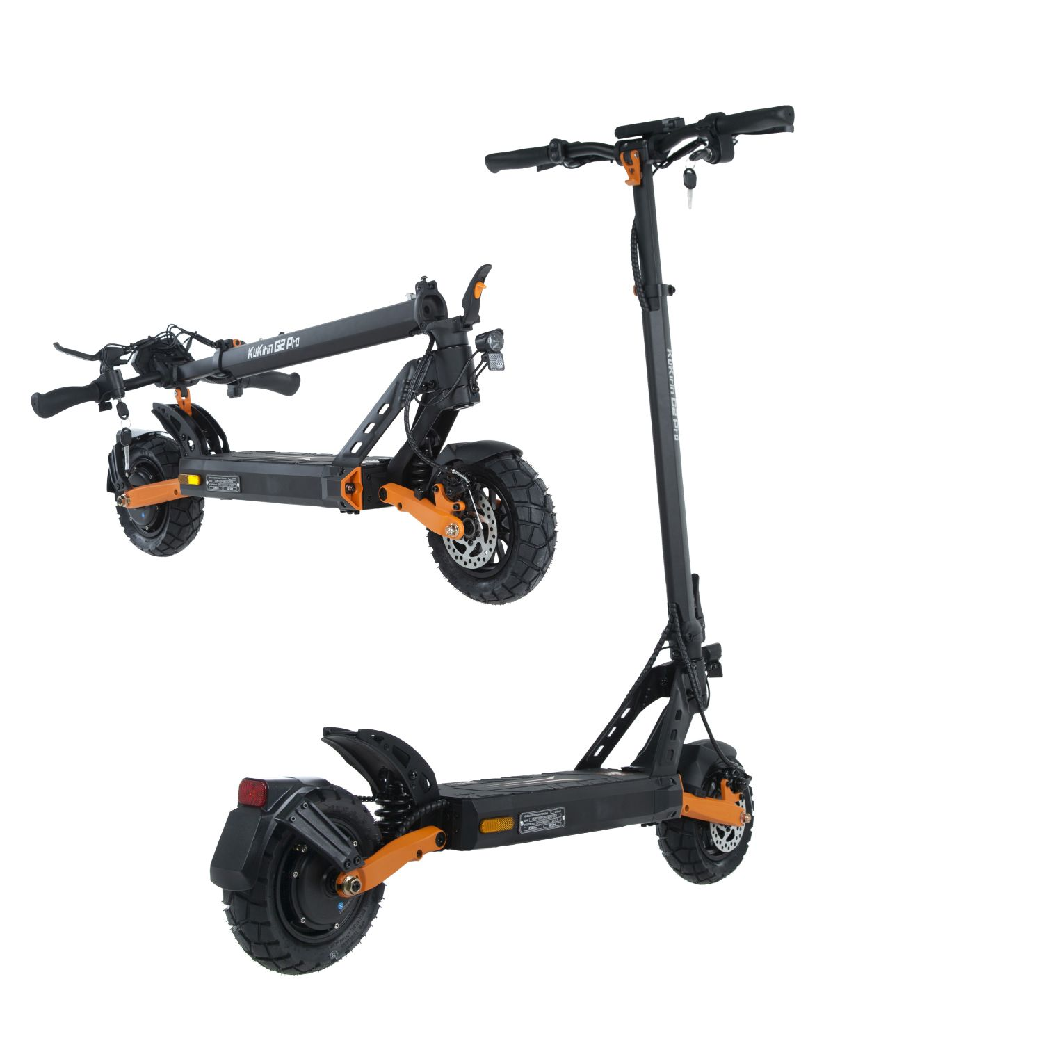 Un patinete eléctrico negro con detalles naranjas, mostrado desplegado y plegado.