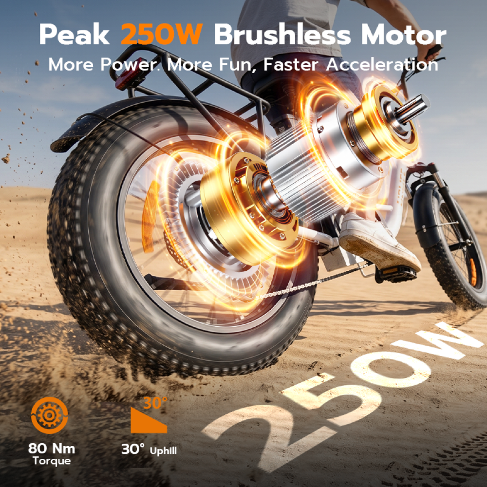 Una e-bike corre sulla sabbia con un'animazione luminosa del motore da 250W sulla ruota posteriore.