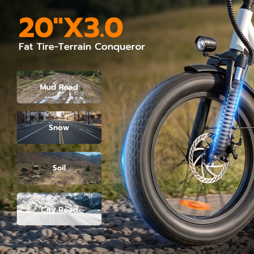 Una e-bike con pneumatici larghi su ghiaia, con quattro immagini che mostrano diversi terreni stradali.