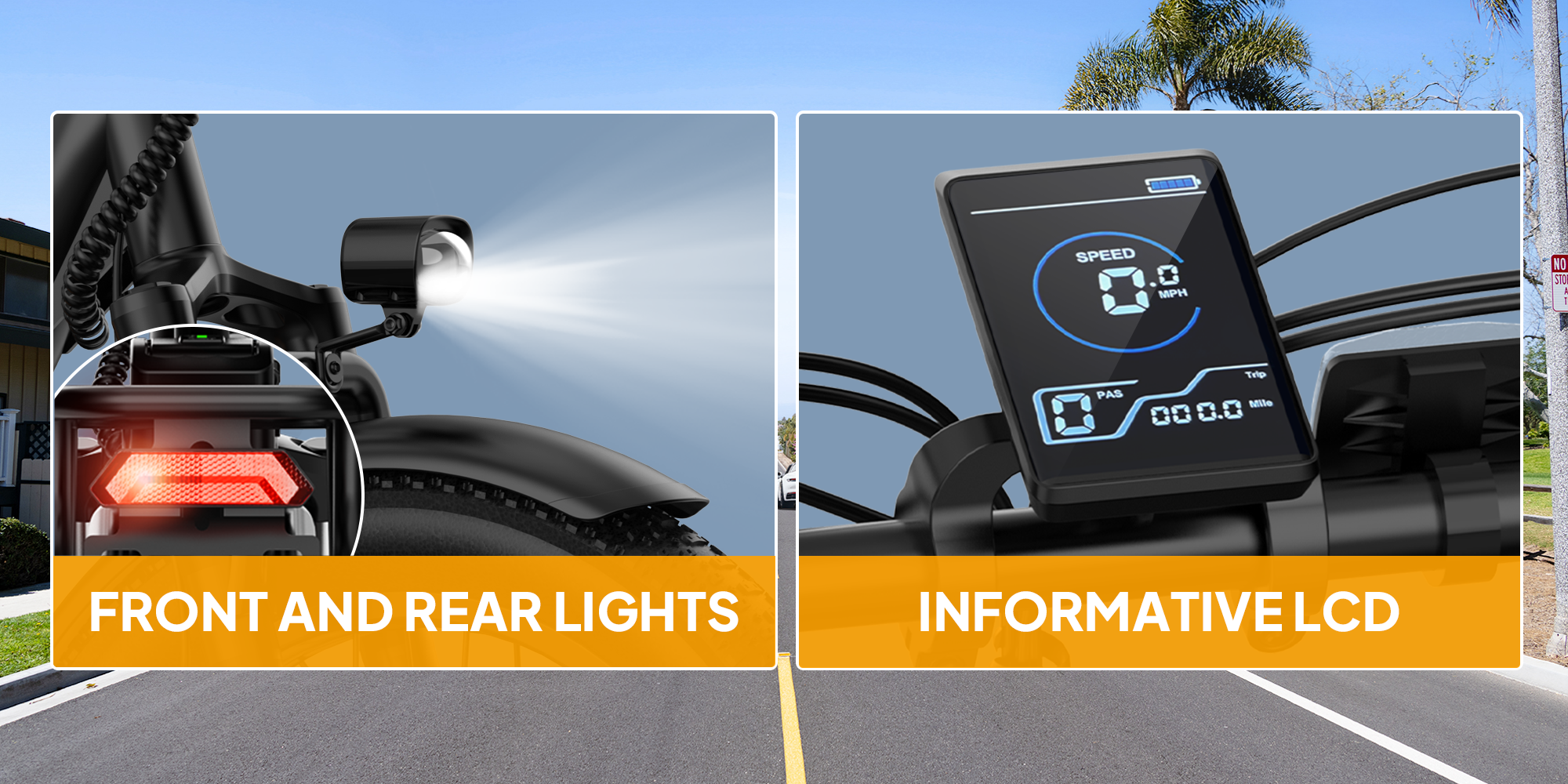 Bici elettrica con luci anteriori e posteriori e display LCD informativo.