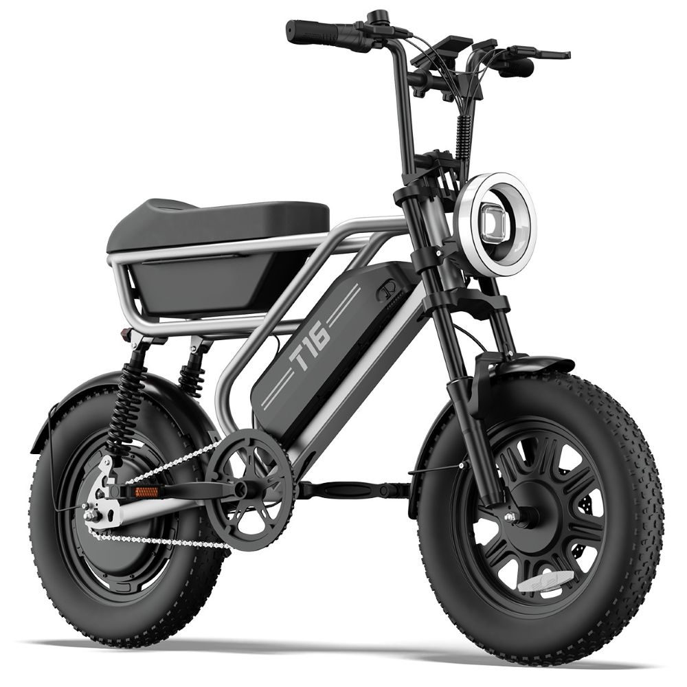 Moderno ciclomotore elettrico T16 nero e argento con pneumatici spessi, faro anteriore e sella lunga.